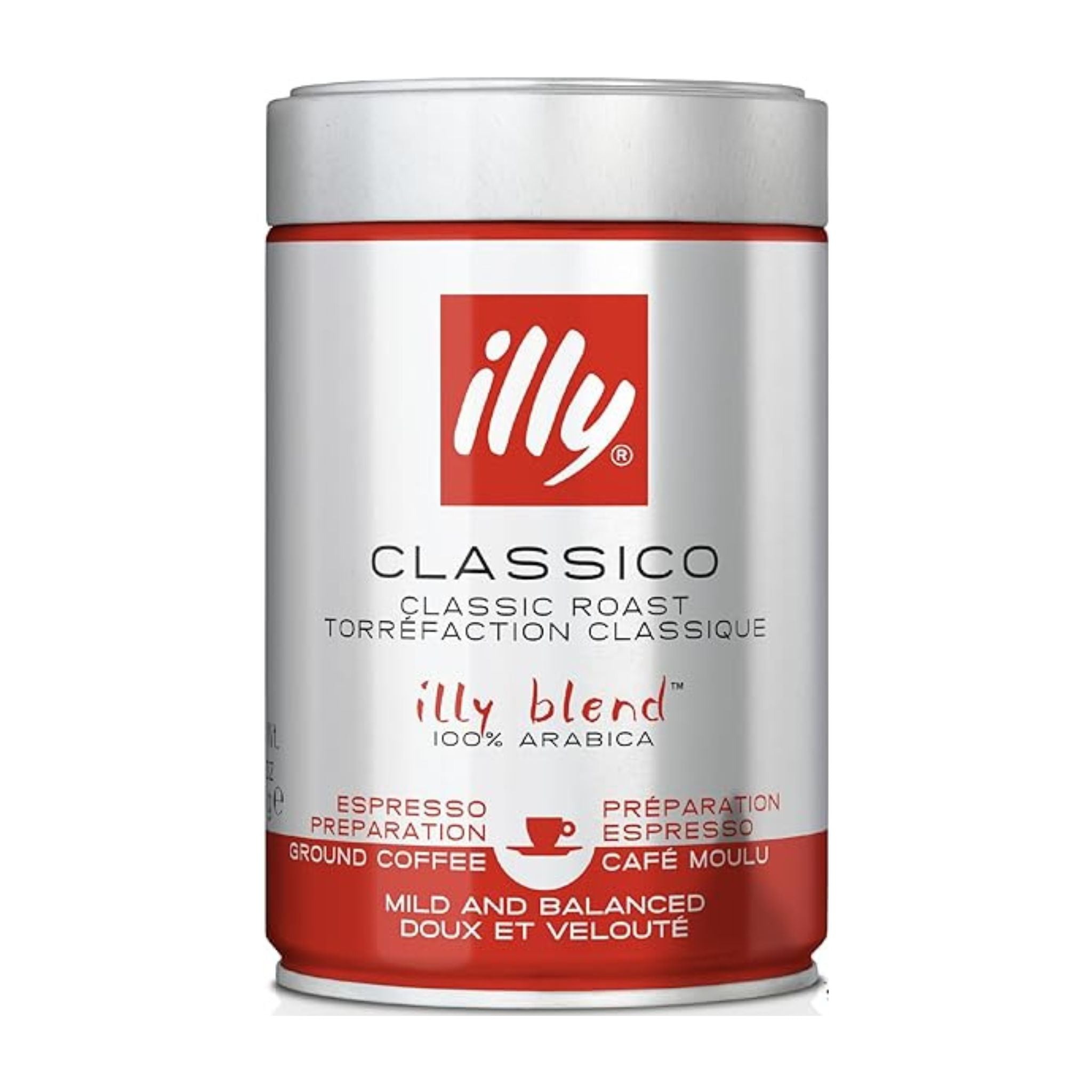 GardenState, 250g tin of Illy Classico ground coffee – medium roast, intensity 6/10, 100% Arabica, with notes of caramel, jasmine, and orange blossom. Finely ground for espresso machines.