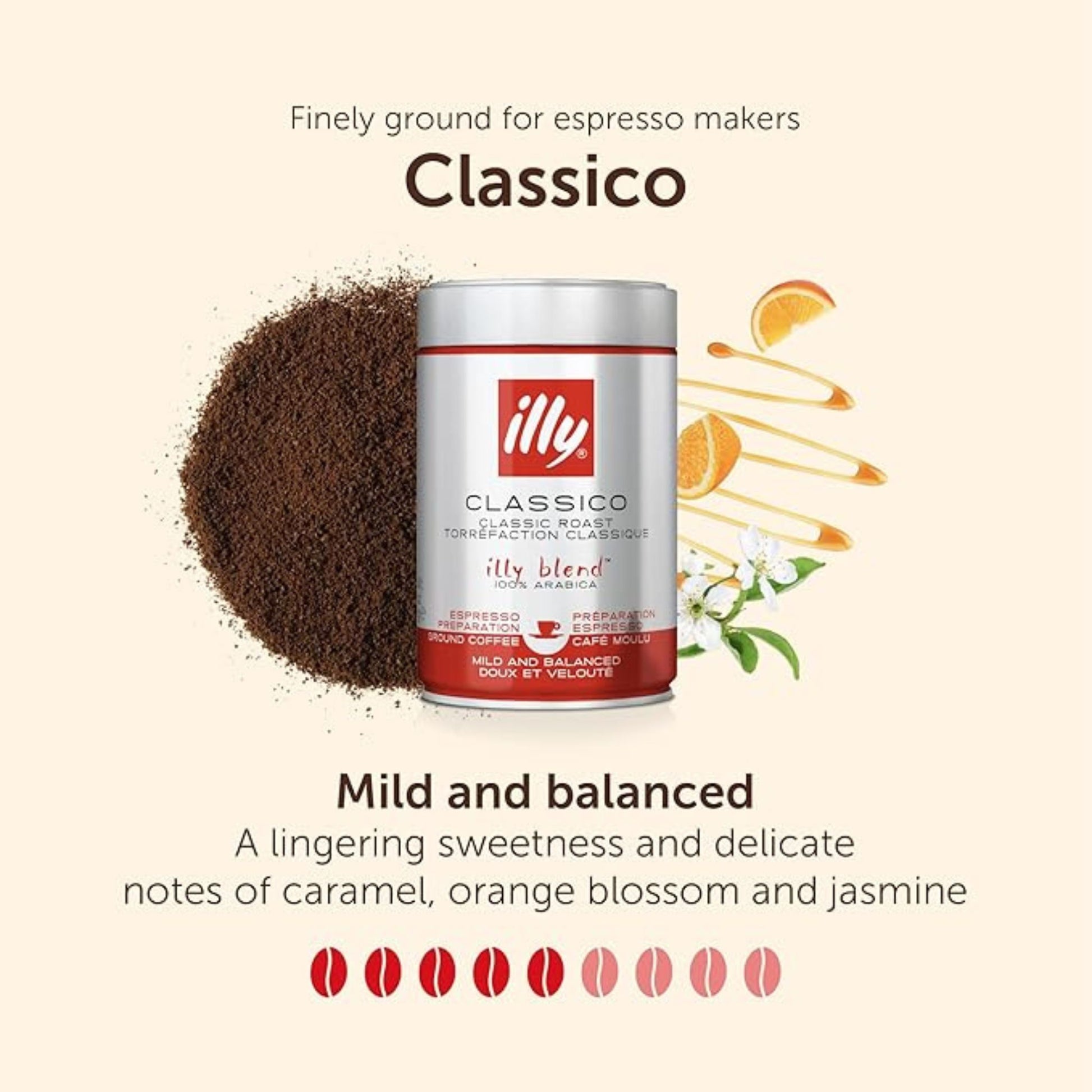 GardenState, 250g tin of Illy Classico ground coffee – medium roast, intensity 6/10, 100% Arabica, with notes of caramel, jasmine, and orange blossom. Finely ground for espresso machines.