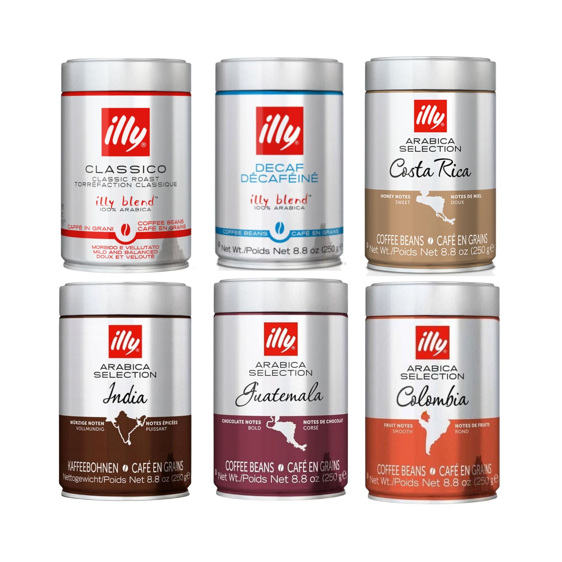 Gardenstate full range Illy whole coffee beans 250g tins medium and dark roast single origin and blends including decaf smooth bold floral fruity chocolate caramel notes roasted in Italy.