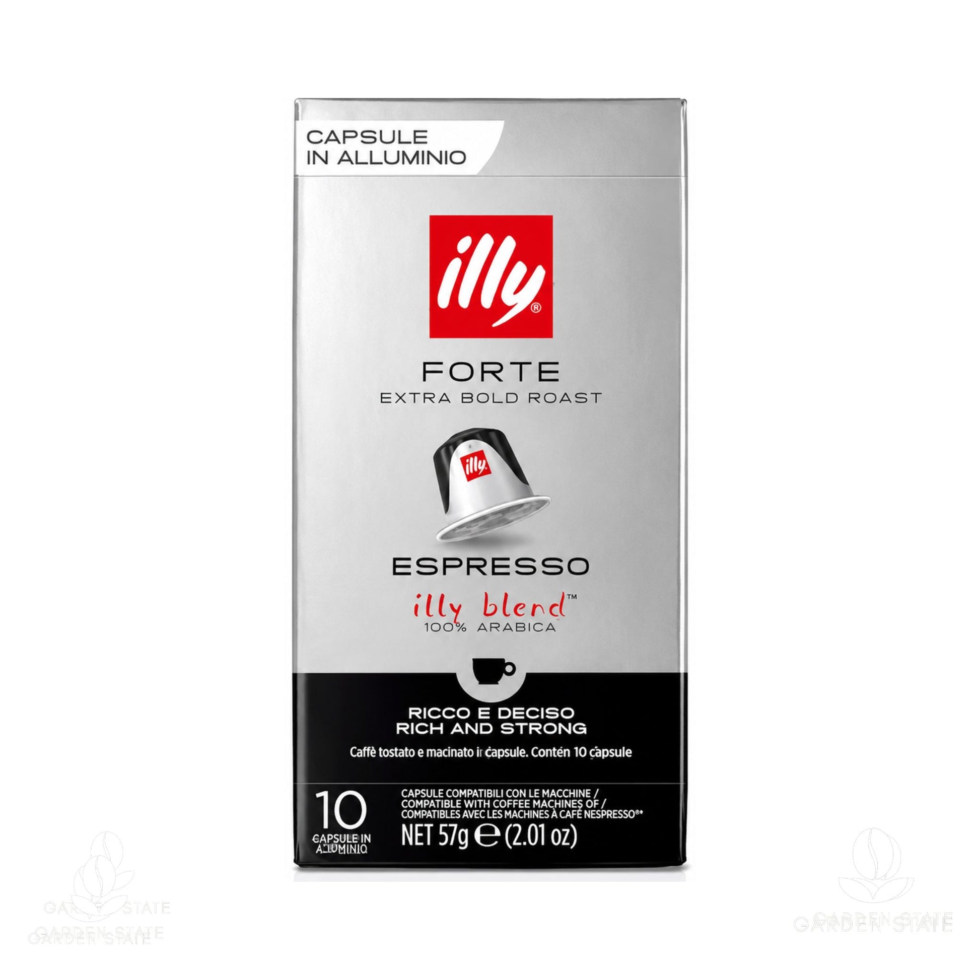GardenState, Illy Forte Nespresso-compatible coffee capsules pack of 10 –robust extra dark roast with cocoa. Perfect for strong espresso lovers in professional settings.