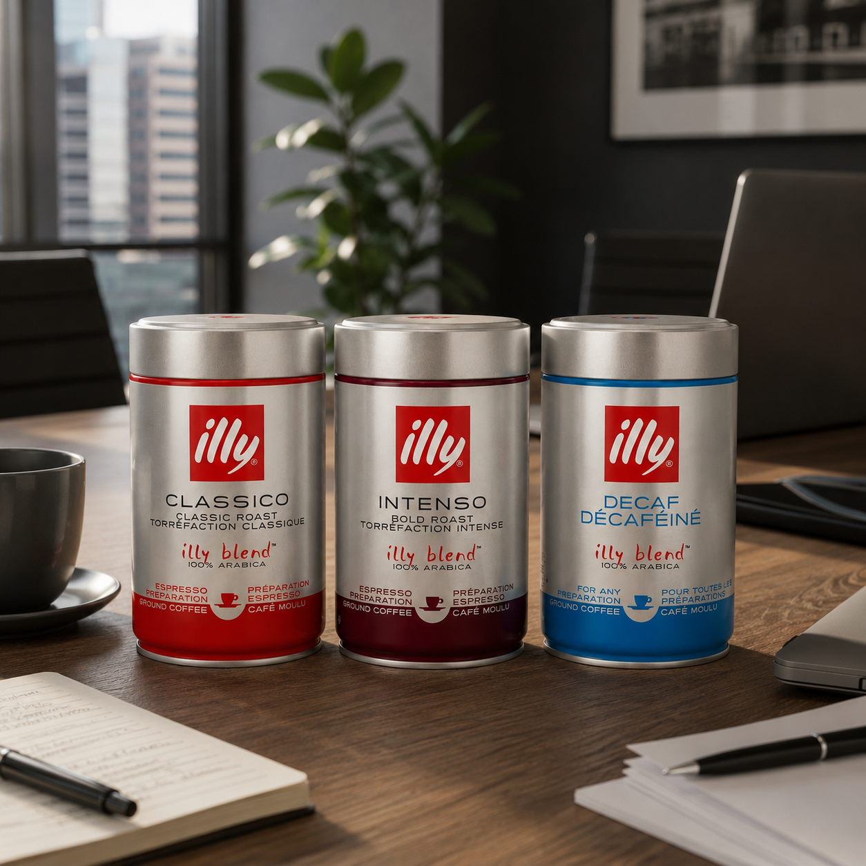 Illy Ground coffee in convenient tins of 250g eacht at wholesale prices, perfect for office pantry supply and other businesses.