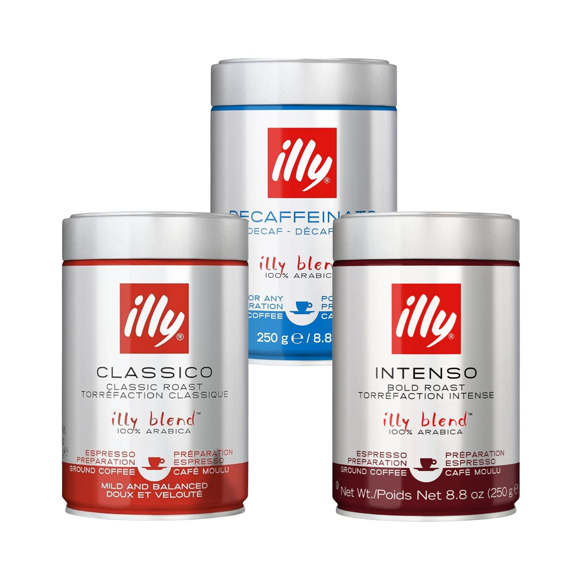 GardenState, Illy Ground Coffee Tins of 250 gr premium Italian coffee, Classico, Intenso & Decafeinato.
