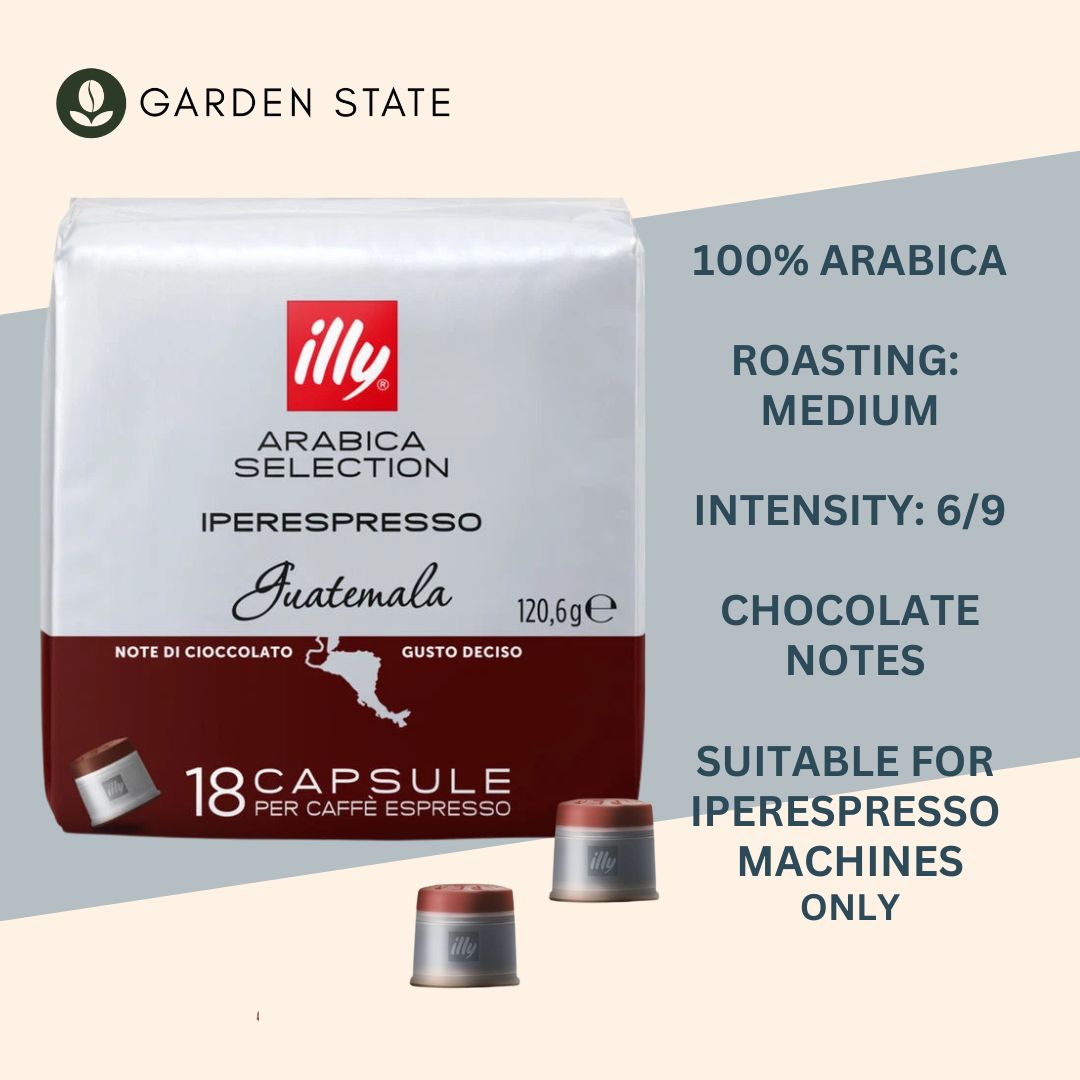 gardenstate Illy Iperespresso Guatemala Capsules pack of 18. Roast intensity 6/9 with bold, full-bodied flavor, slight bitterness and rich chocolate notes. Compatible with illy iperEspresso machines.