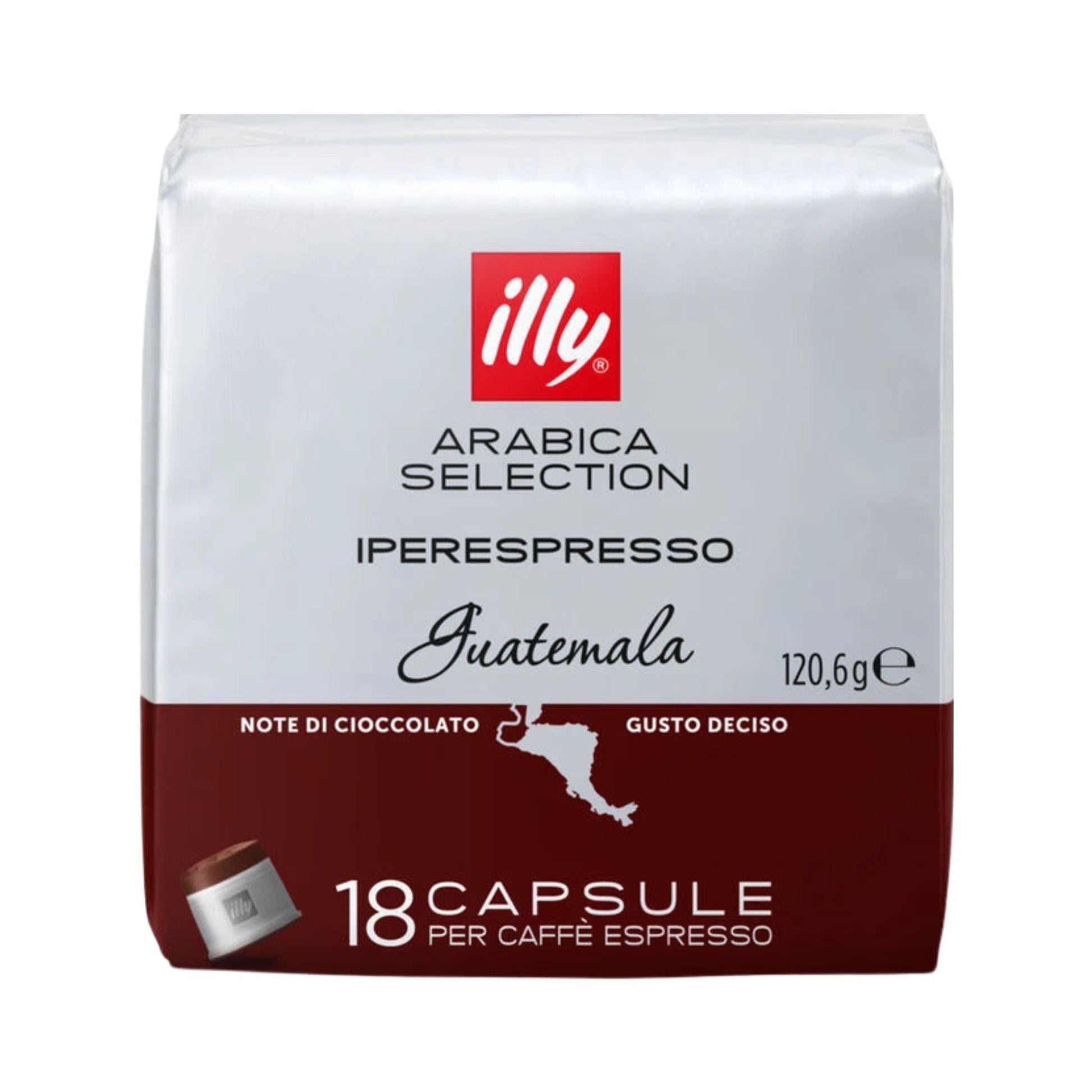 gardenstate Illy Iperespresso Guatemala Capsules pack of 18. Roast intensity 6/9 with bold, full-bodied flavor, slight bitterness and rich chocolate notes. Compatible with illy iperEspresso machines.