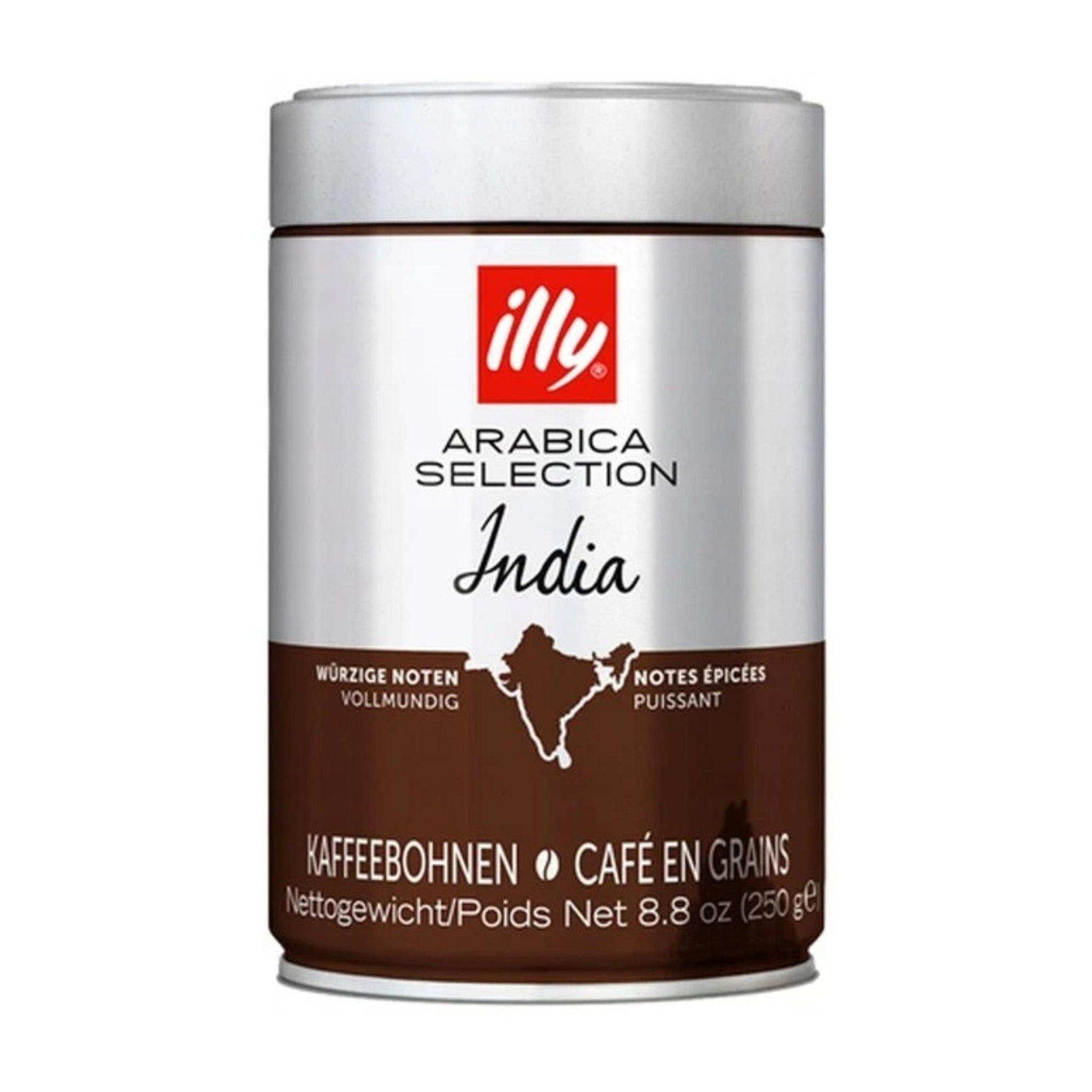 GardenState, lly Arabica Selection India Whole Bean Coffee 250g tin – dark roast with bold flavor, featuring notes of black pepper and extra-dark chocolate. 100% Arabica beans, perfect for office or café use.