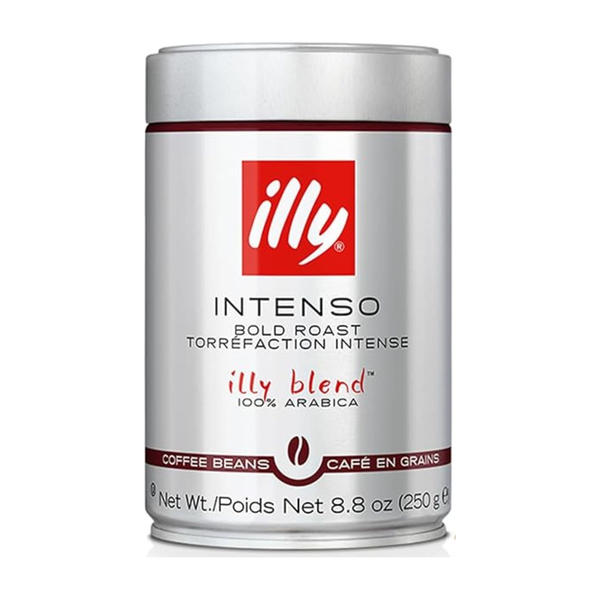 GardenState, Illy Intenso Whole Bean Coffee in 250g tin – Dark roast blend of 100% Arabica beans with intense aroma, cocoa and dried fruit notes. Ideal for coffee grinders and all brewing methods.