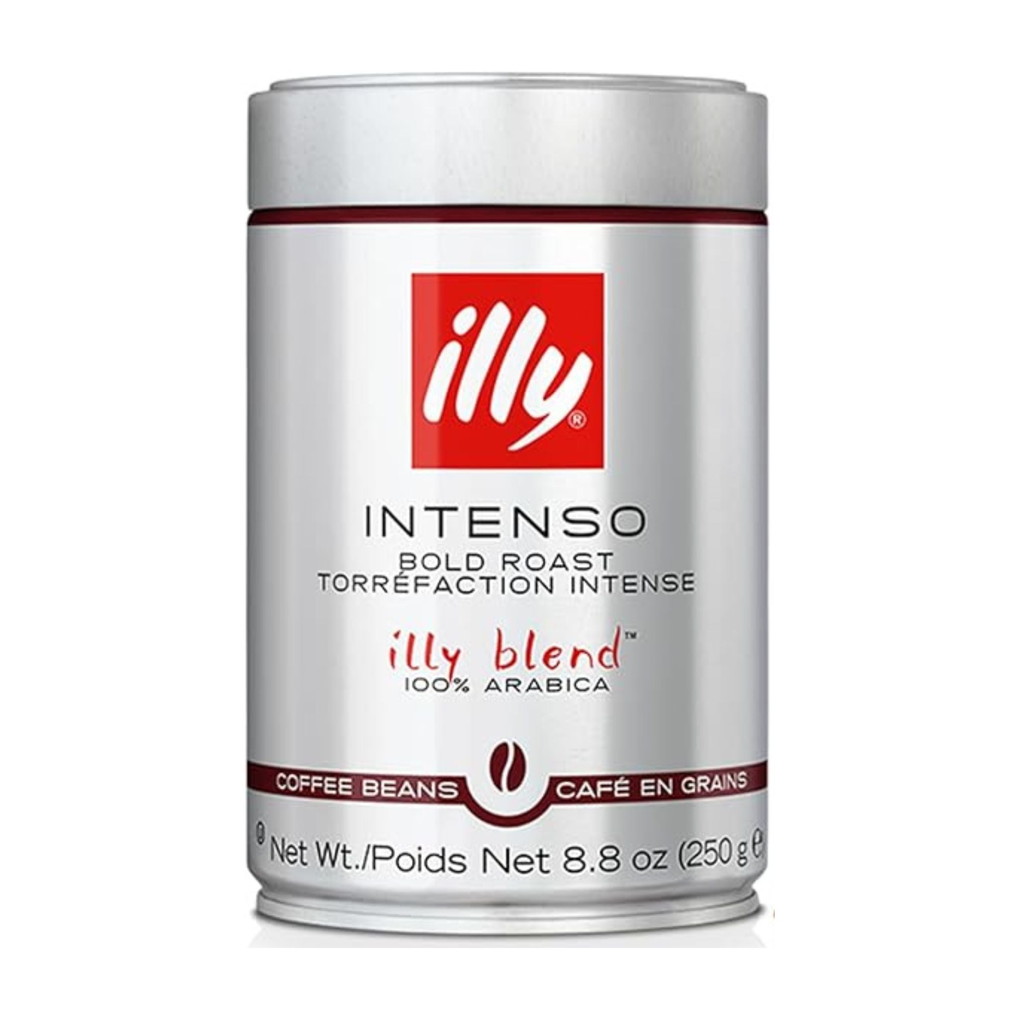 GardenState, Illy Intenso Whole Bean Coffee in 250g tin – Dark roast blend of 100% Arabica beans with intense aroma, cocoa and dried fruit notes. Ideal for coffee grinders and all brewing methods.