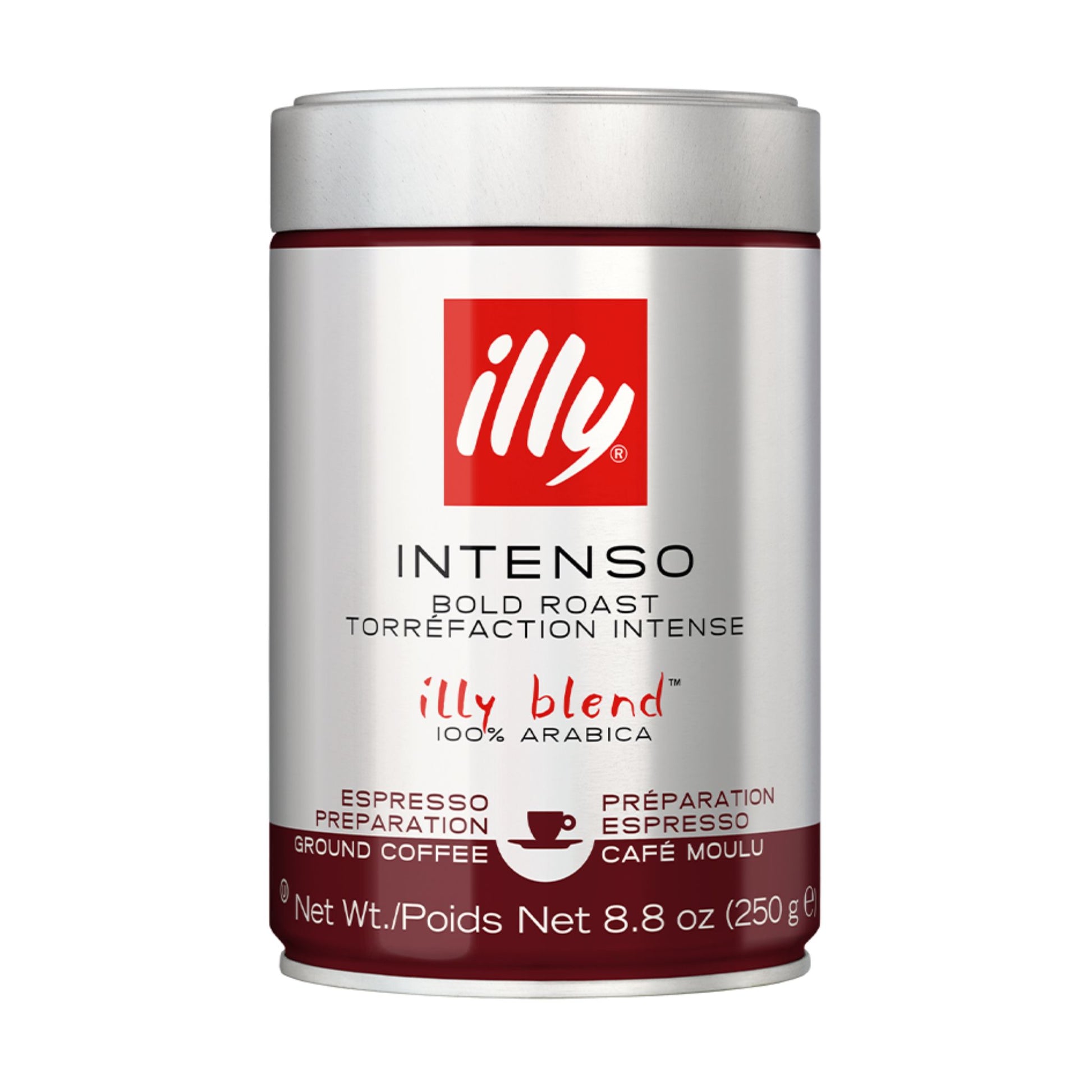 GardenState, Illy Intenso Ground Coffee 250g tin – Dark roast 100% Arabica blend with rich aroma, cocoa and dried fruit notes. Ideal for&nbsp;Italian Espresso, Drip Coffee or Pour Over preparations. 