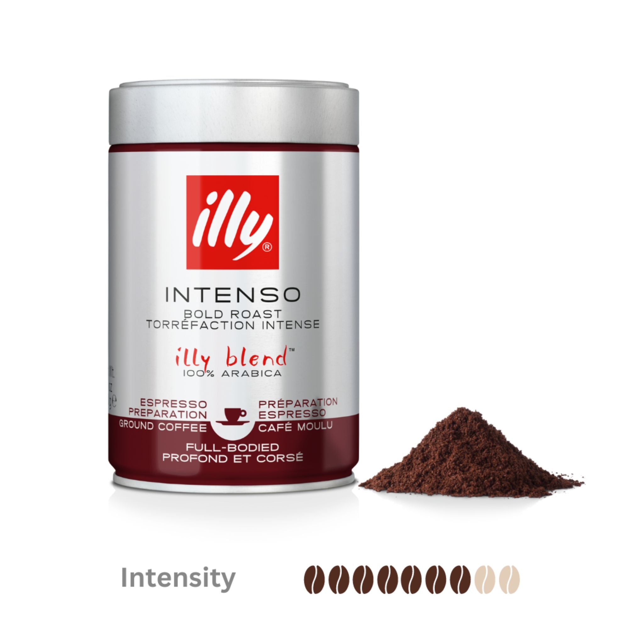 GardenState, Illy Intenso Ground Coffee 250g tin – Dark roast 100% Arabica blend with rich aroma, cocoa and dried fruit notes. Ideal for&nbsp;Italian Espresso, Drip Coffee or Pour Over preparations. 