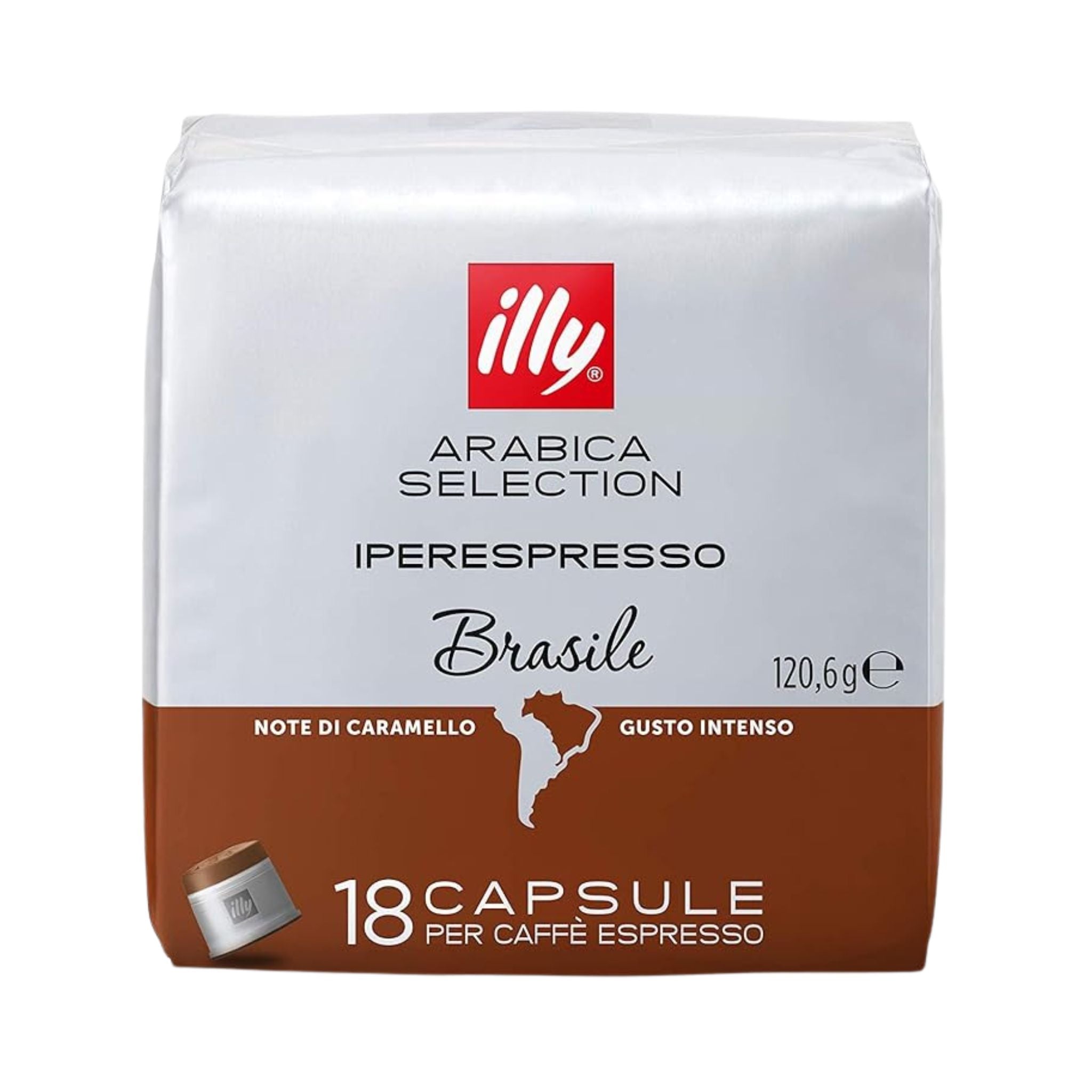 gardenstate Illy Iperespresso Brasile Capsules pack of 18. Medium roast, intensity 5/9, with balanced taste and notes of caramel and dried fruit. Compatible with illy iperEspresso machines.