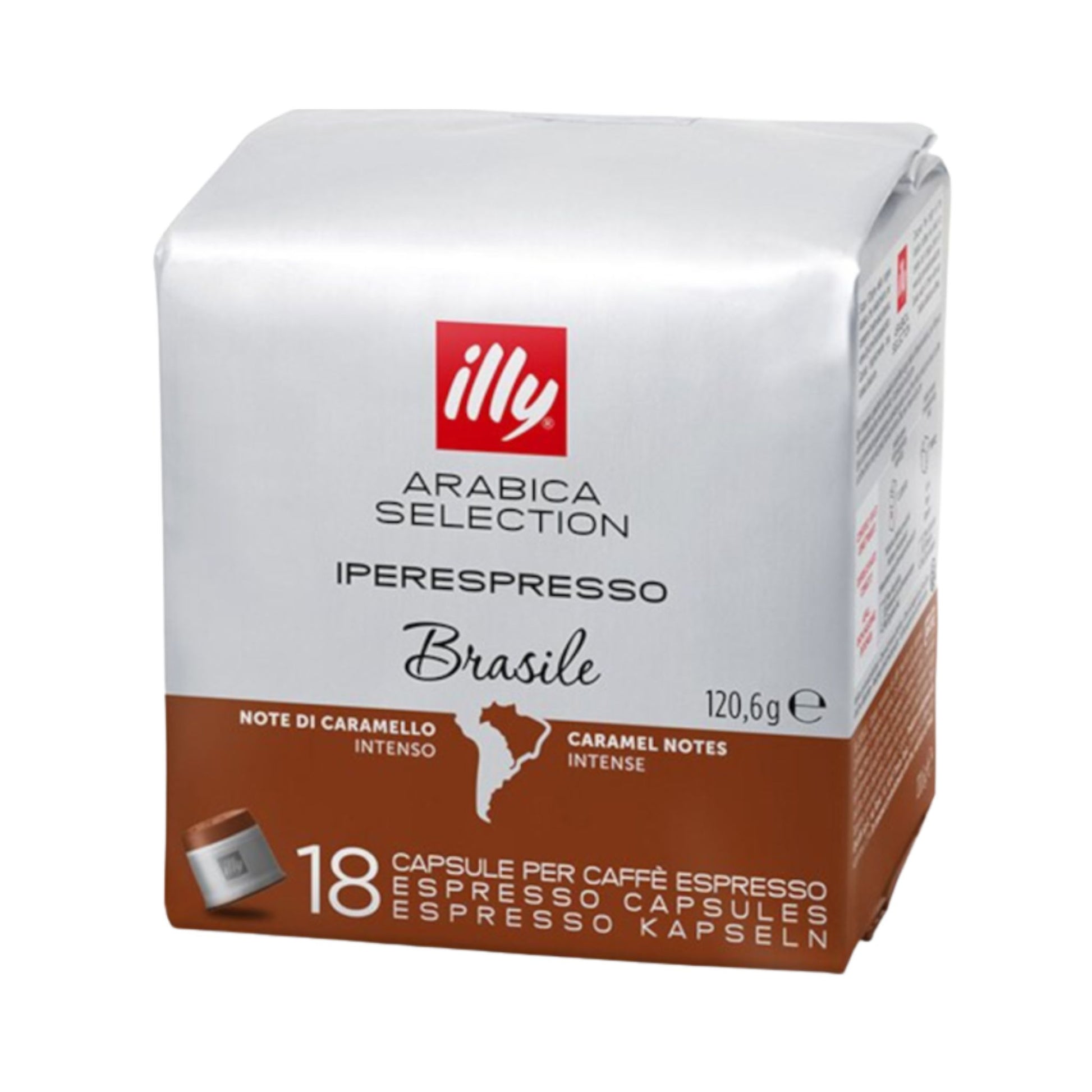 gardenstate Illy Iperespresso Brasile Capsules pack of 18. Medium roast, intensity 5/9, with balanced taste and notes of caramel and dried fruit. Compatible with illy iperEspresso machines.
