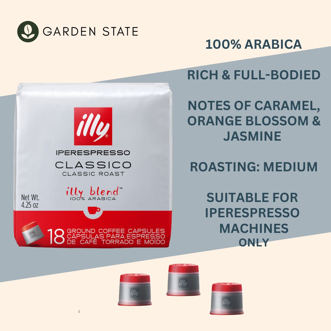 GardenState, Illy Iperespresso Classico Espresso Capsules, medium roast, 18 pack, smooth and balanced taste with notes of caramel, orange blossom, and jasmine.