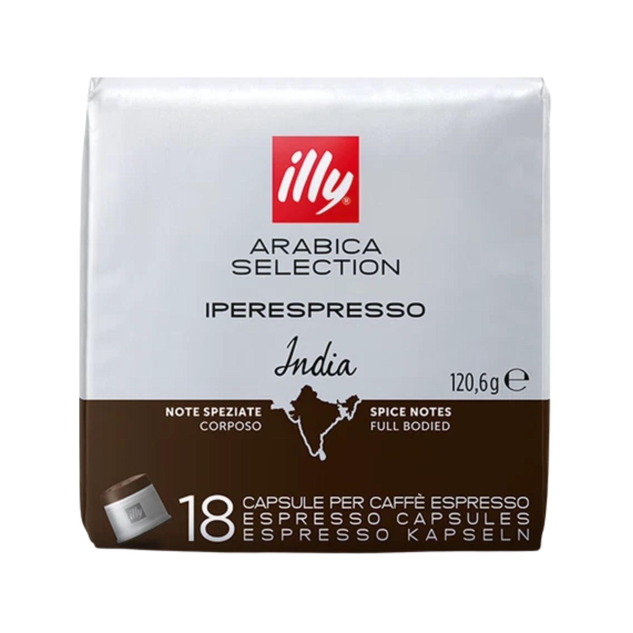 GardenState, Illy Iperespresso India Capsules pack of 18. Dark roast intensity 8/9 with full-bodied espresso, intense aroma, and notes of pepper and dark chocolate. Compatible with illy iperEspresso machines.