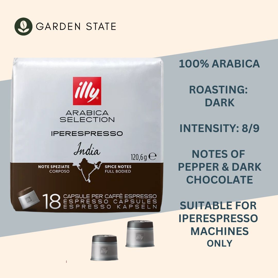 GardenState, Illy Iperespresso India Capsules pack of 18. Dark roast intensity 8/9 with full-bodied espresso, intense aroma, and notes of pepper and dark chocolate. Compatible with illy iperEspresso machines.