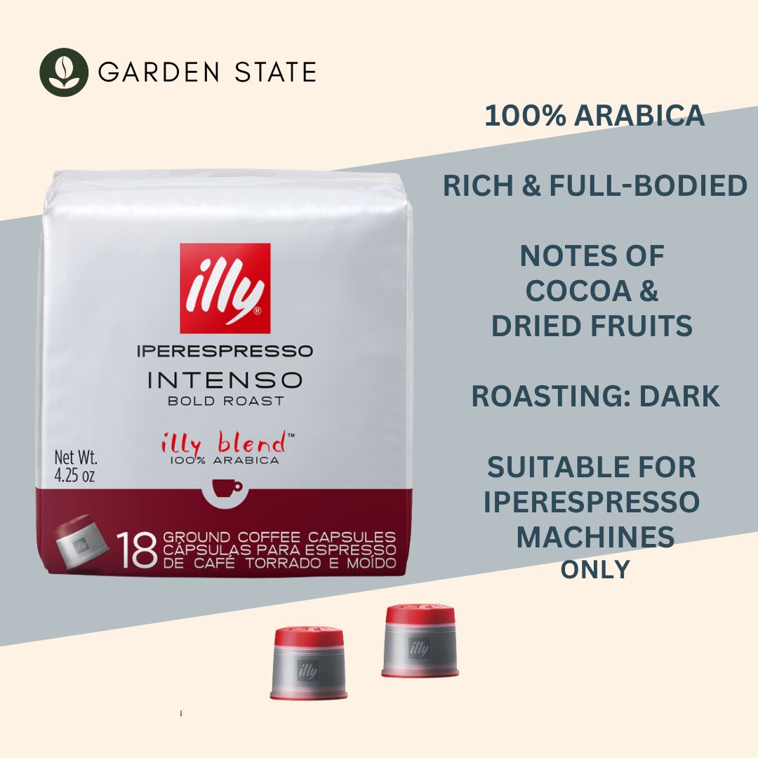 GardenState, Illy Iperespresso Intenso Espresso Capsules pack of 18. Dark roast 100% Arabica coffee with bold, full-bodied flavor, cocoa and dried fruit notes, for illy iperEspresso machines.