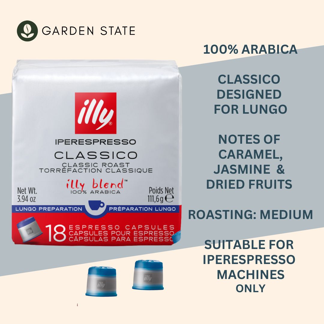 GardenState, Illy Iperespresso Classico Lungo Capsules Medium Roast – 18 pack. Smooth lungo coffee with caramel, jasmine, and orange blossom notes. Compatible with illy iperEspresso machines.