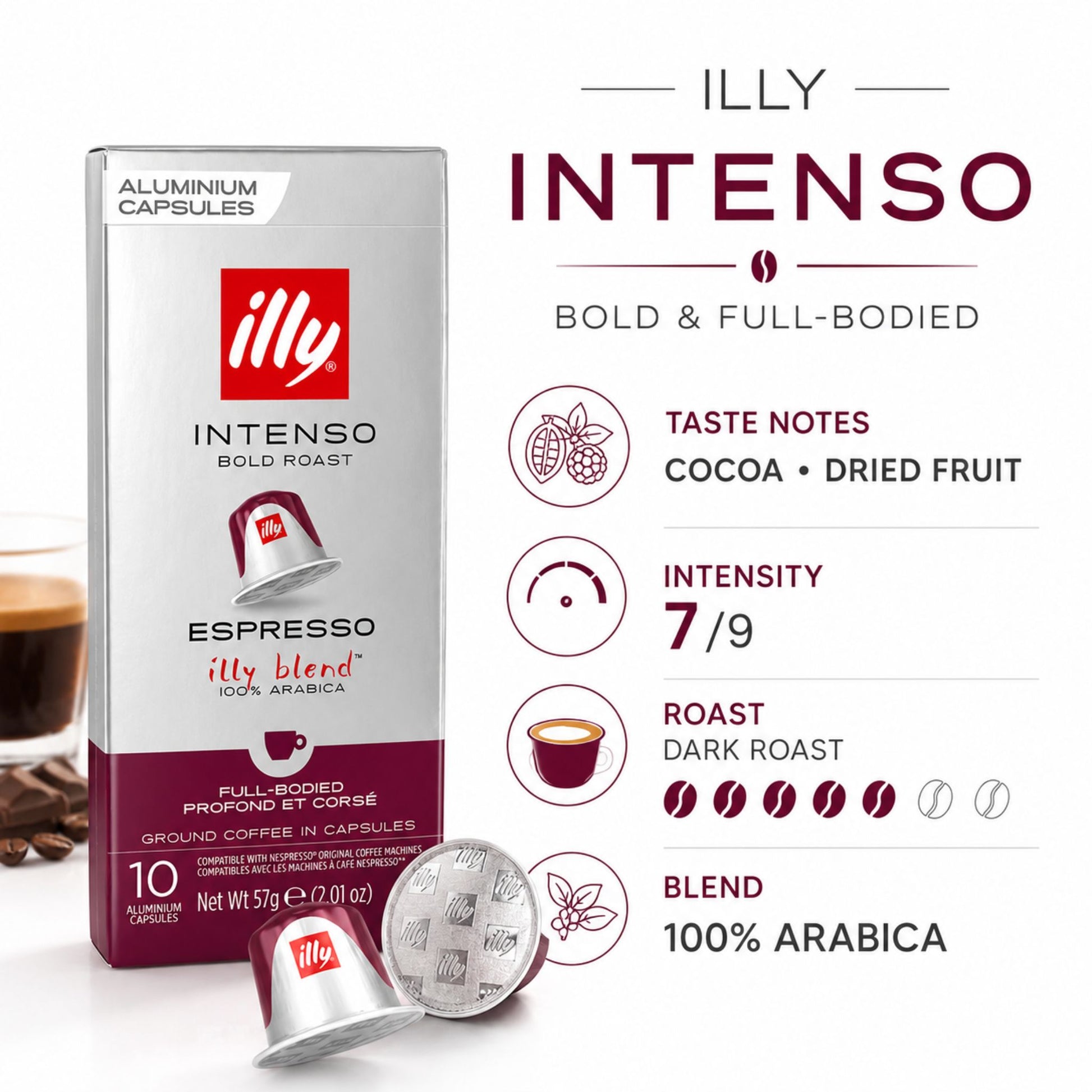 GardenState, Illy Intenso Nespresso-compatible coffee capsules pack of 10 – bold dark roast with cocoa and dried fruit notes. Perfect for strong espresso lovers in professional settings.