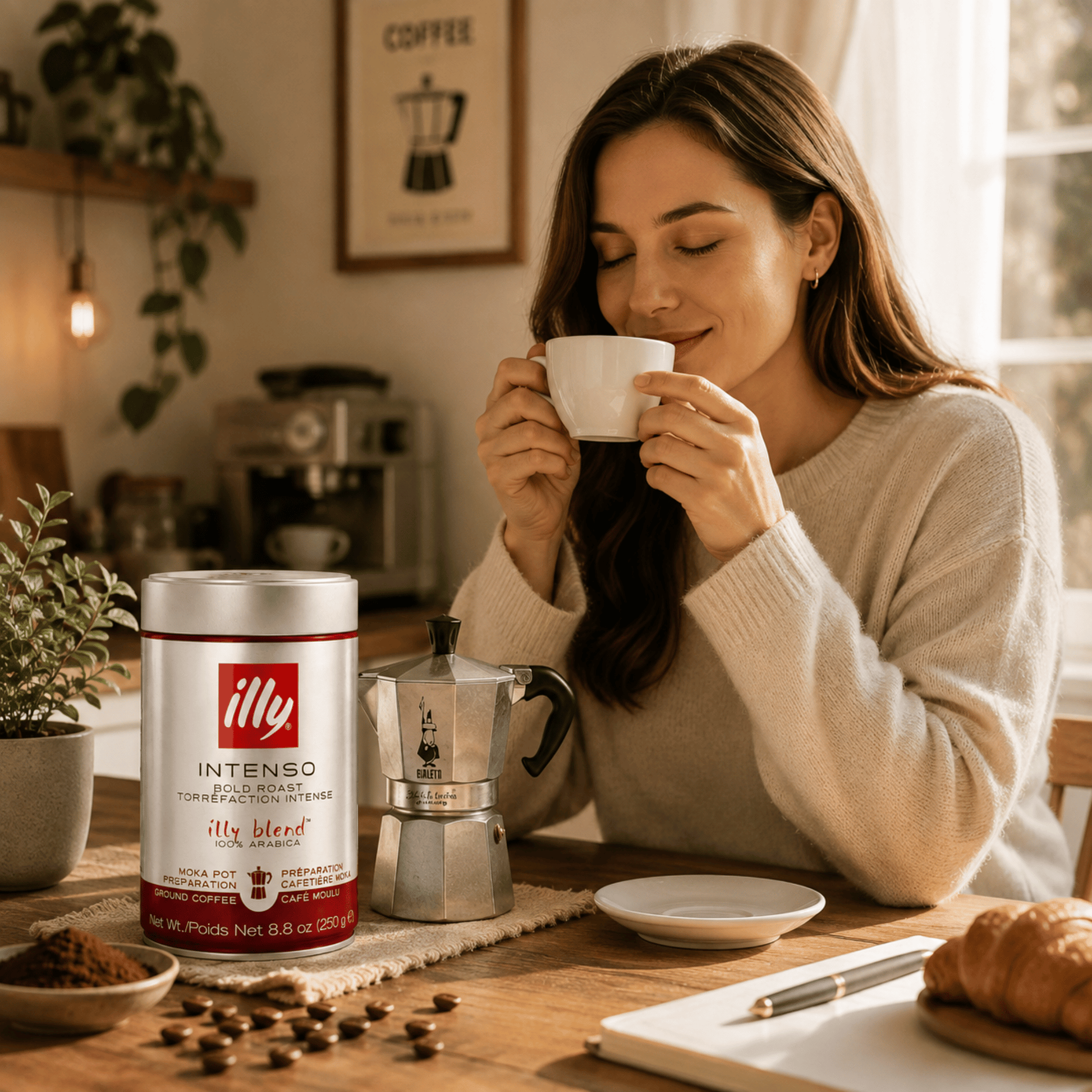 Person enjoying a cup of Illy Intenso Moka Ground Coffee prepared with a traditional Moka pot, rich Italian coffee for home baristas, coffee lovers, offices and hospitality settings