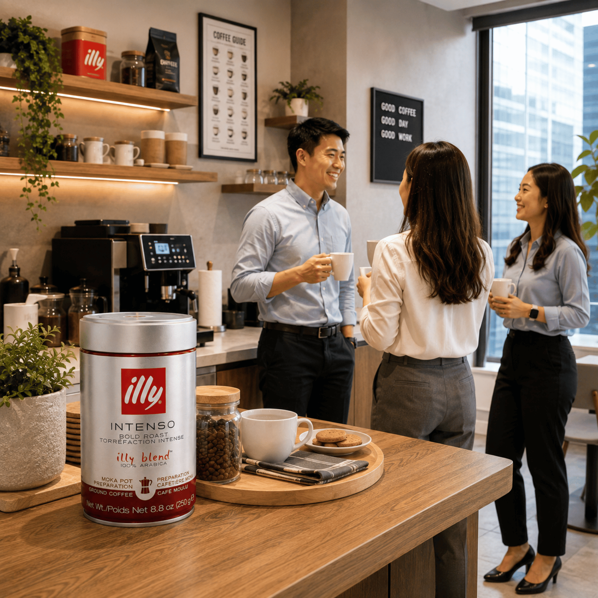 Illy Intenso Moka Ground Coffee 250g served in a professional café, hotel or office environment, premium Italian Moka coffee for hospitality, restaurants, corporate coffee service and breakfast areas