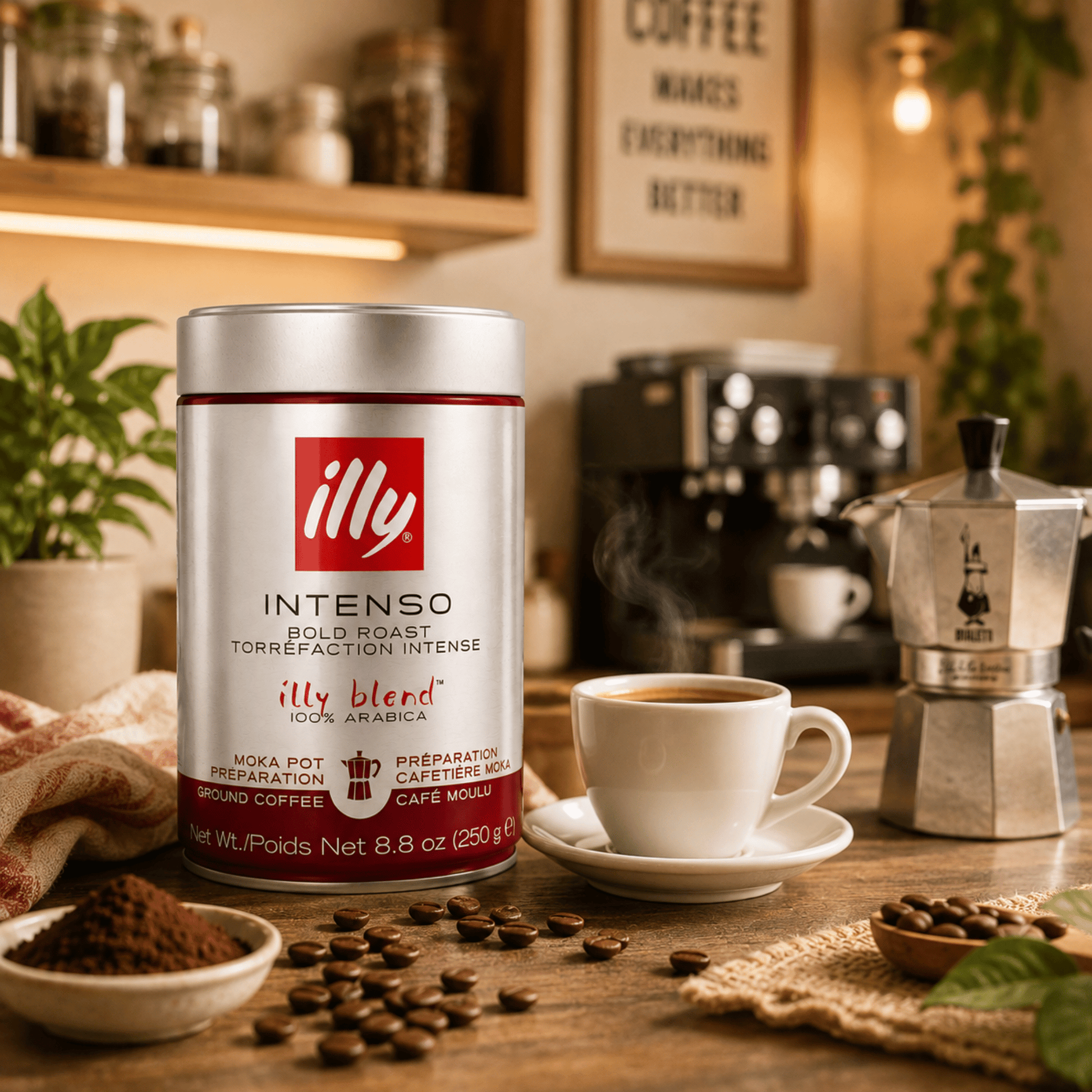 Close up of Illy Intenso Moka Ground Coffee 250g pressurized tin, premium Italian dark roast coffee with cocoa and dried fruit notes, specially ground for traditional Moka pot brewing