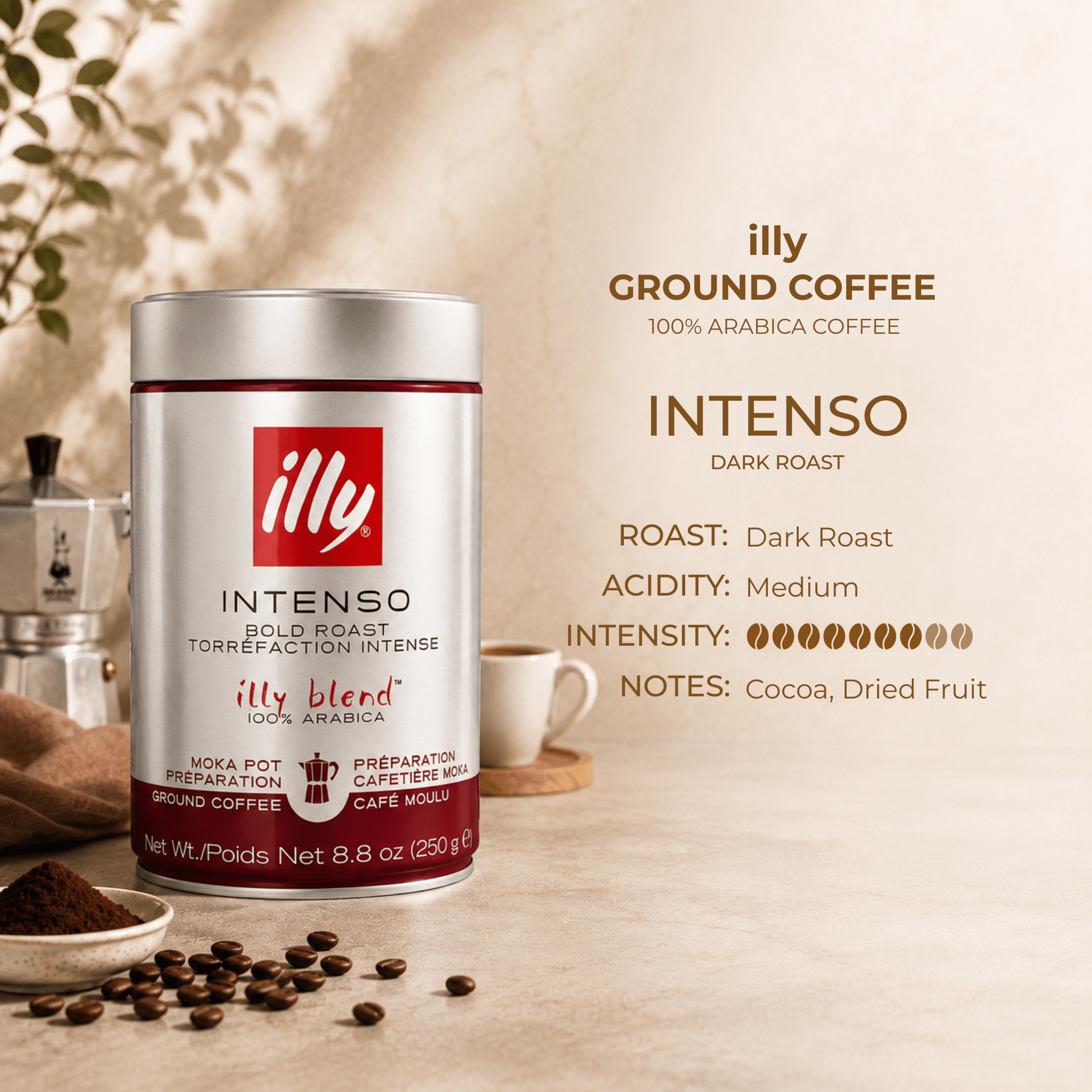 Illy Intenso Moka Ground Coffee 250g product information showing Dark Roast, 7/9 Intensity, 100% Arabica and Moka pot ground coffee specifications for professional and home brewing