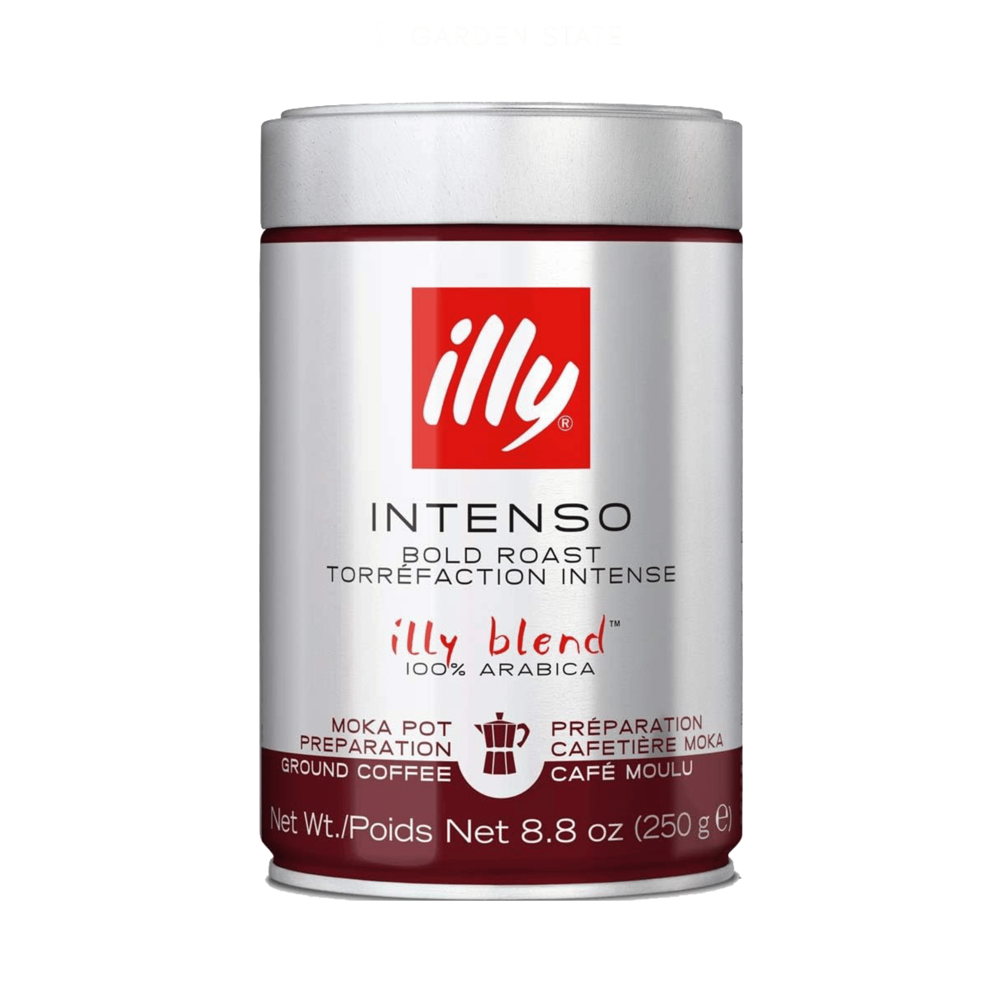 Illy Intenso Moka Ground Coffee 250g Tin Dark Roast 7/9 Intensity, 100% Arabica Italian coffee specially ground for Moka pots, ideal for cafés, hotels, offices, hospitality and home coffee