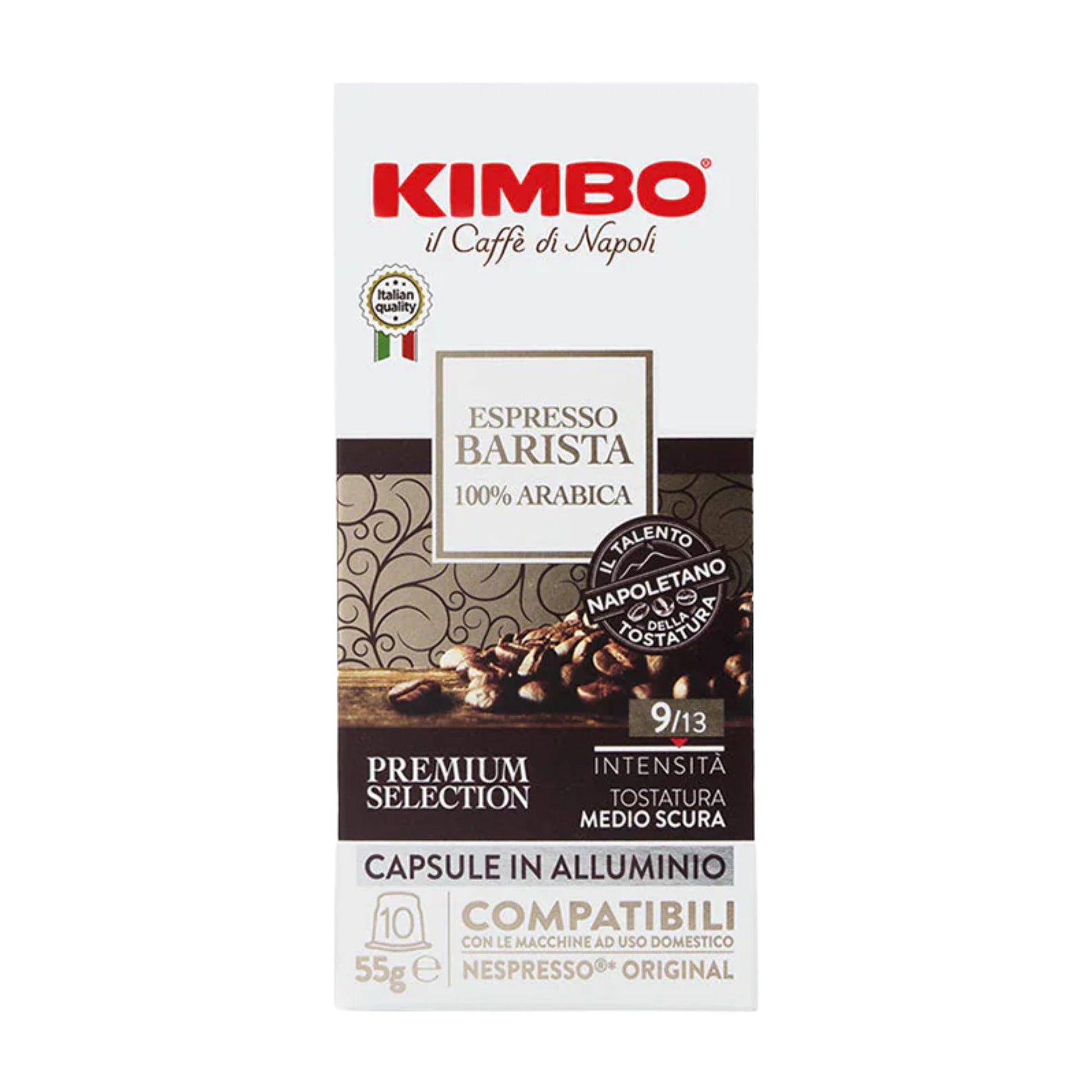 GardenState, Kimbo Espresso Barista Nespresso® capsules, 100% Arabica, medium-dark roast, floral acidity, toasted finish—ideal for offices and cafés seeking premium Italian coffee.