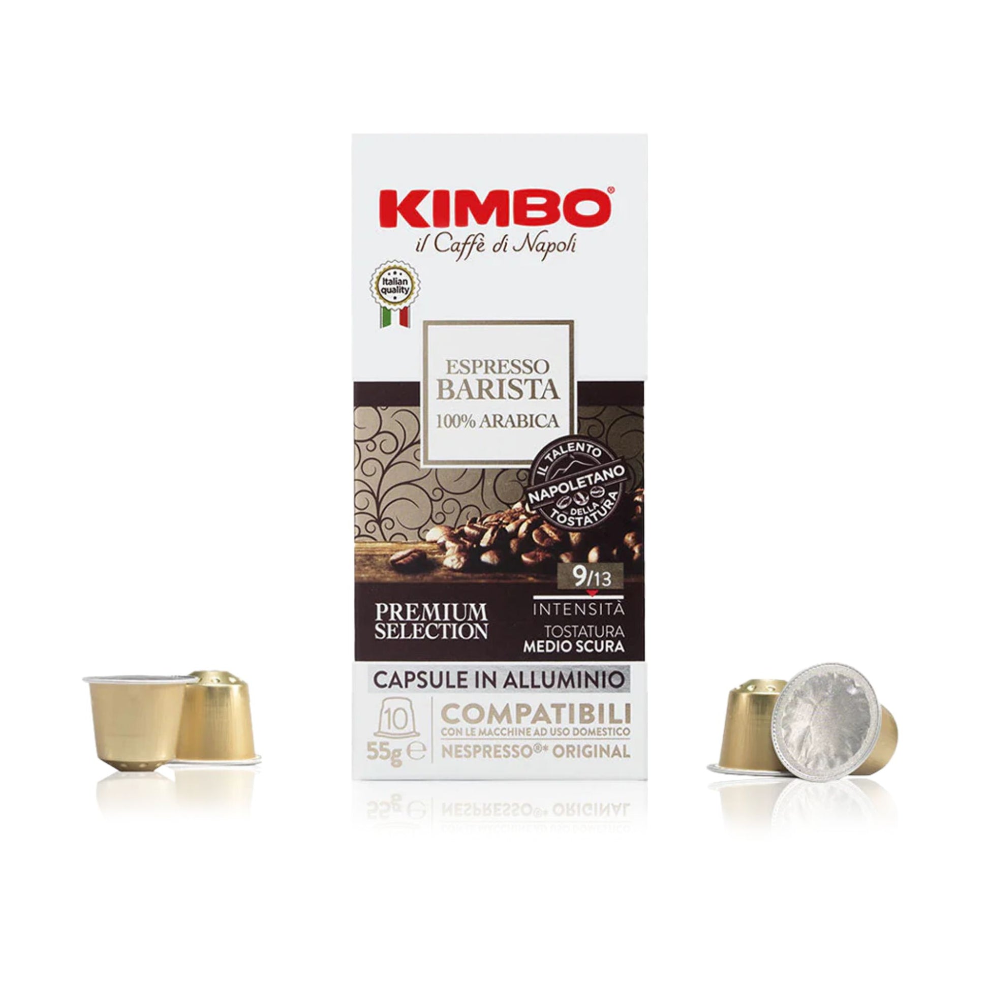 GardenState, Kimbo Espresso Barista Nespresso® capsules, 100% Arabica, medium-dark roast, floral acidity, toasted finish—ideal for offices and cafés seeking premium Italian coffee.