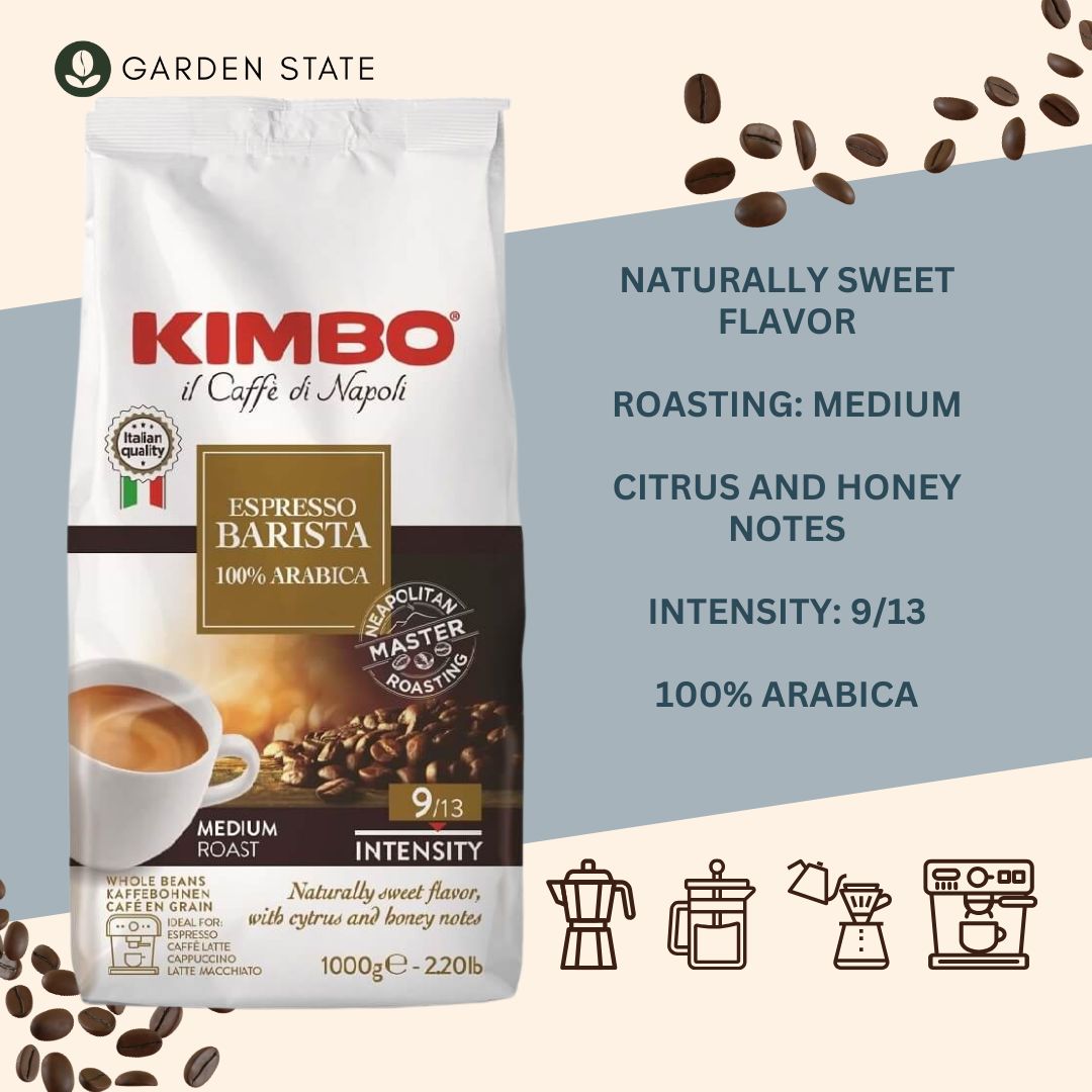 GardenState, Kimbo Espresso Barista 1kg Whole Arabica Beans – medium roast, 9/13 intensity with floral aroma, sweet toasted notes, ideal for espresso and milk-based coffee drinks.