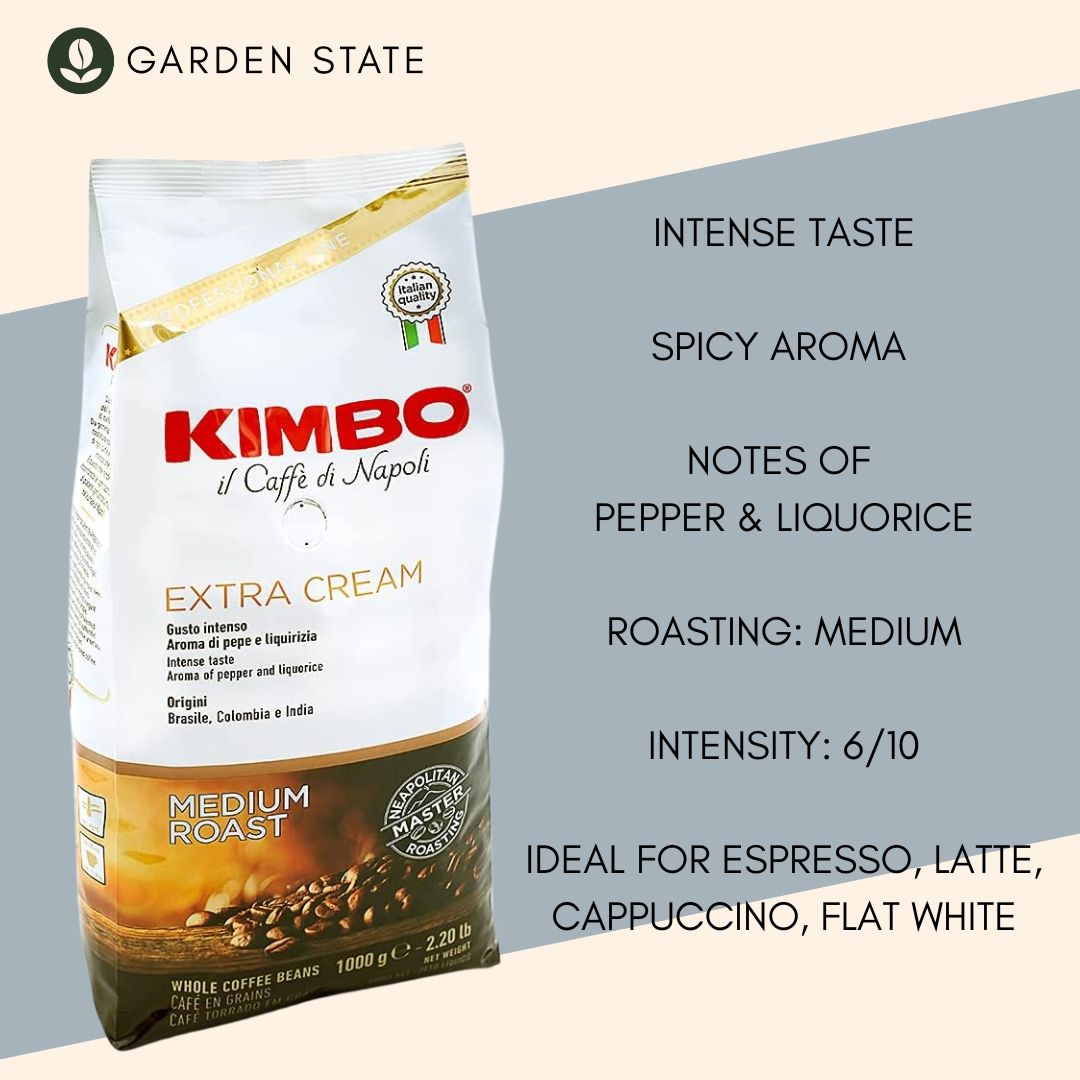 GardenState, Kimbo Extra Cream 1kg whole coffee beans, medium roast, 6/10 intensity, roasted in Italy. Spicy aroma with notes of pepper and liquorice. Ideal for espresso, latte, and cappuccino.