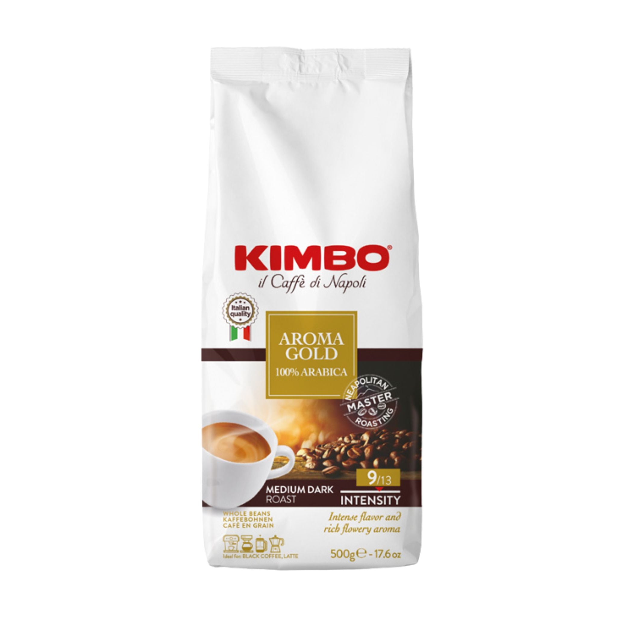 GardenState, Kimbo Aroma Gold 100% Arabica whole coffee beans, medium dark roast, premium Italian blend with floral aroma and rich flavor – ideal for cafés, offices, and hospitality use.