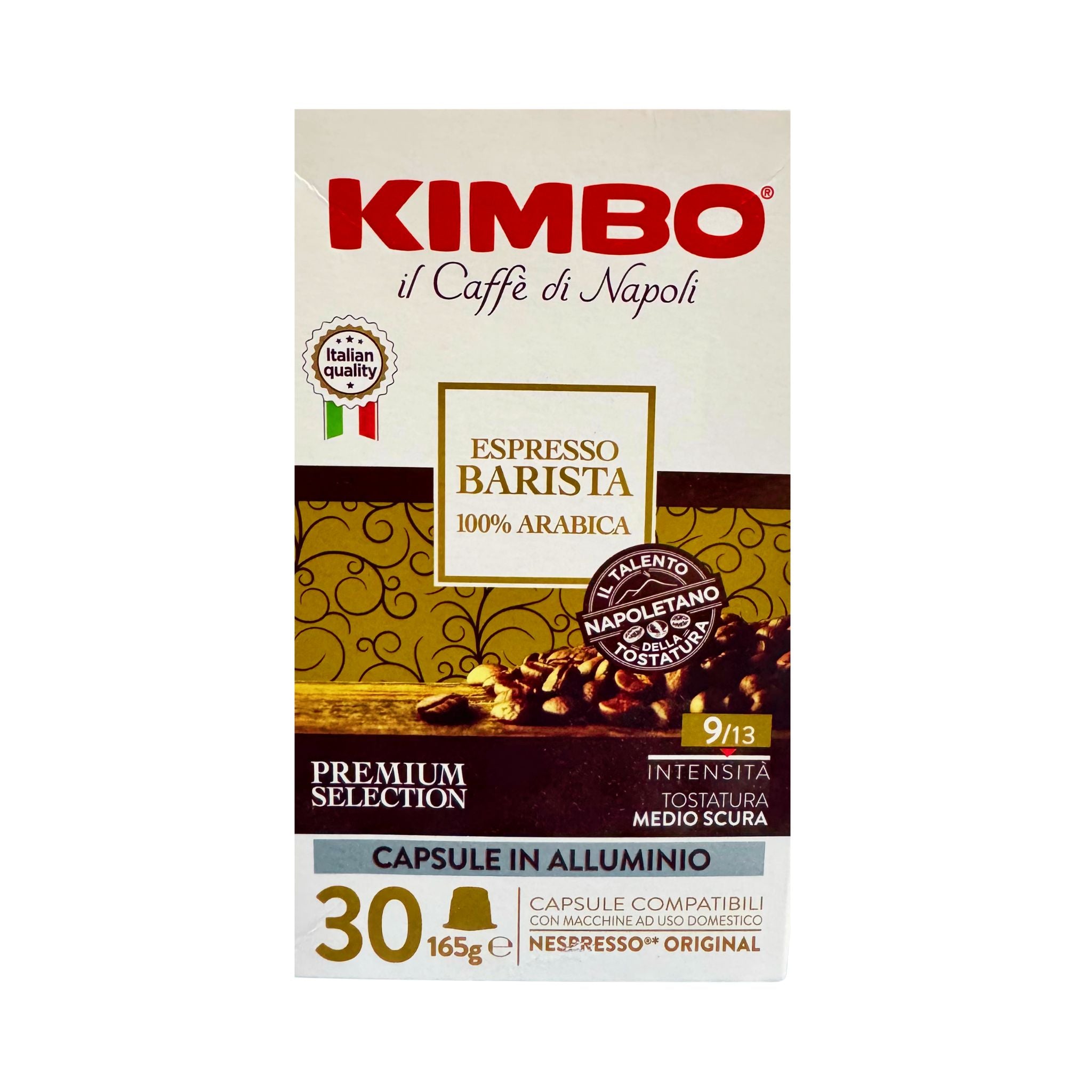 GardenState, Kimbo Barista 100% Arabica Nespresso compatible capsules, 30-pack. Medium-dark roast with 9/13 intensity, smooth and balanced espresso with rich aroma and elegant flavor.