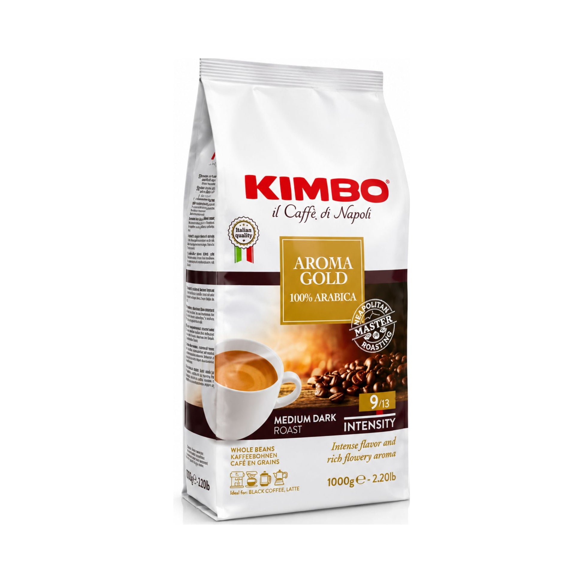 GardenState, Kimbo Aroma Gold 100% Arabica whole coffee beans, medium dark roast, premium Italian blend with floral aroma and rich flavor – ideal for cafés, offices, and hospitality use.