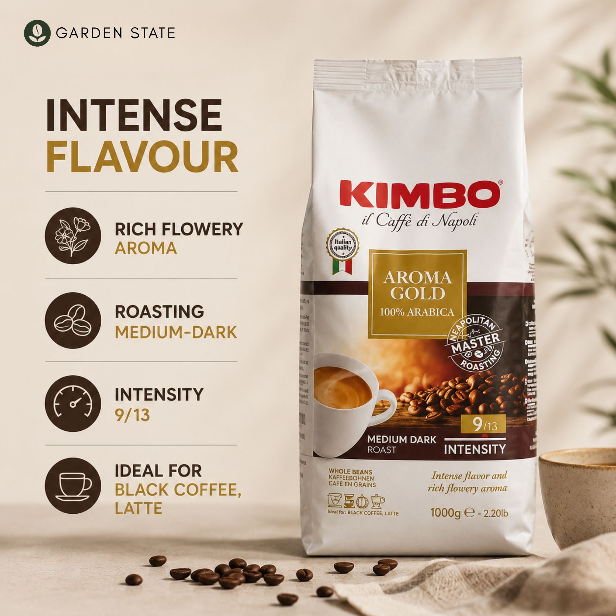 GardenState, Kimbo Aroma Gold 100% Arabica whole coffee beans, medium dark roast, premium Italian blend with floral aroma and rich flavor – ideal for cafés, offices, and hospitality use.