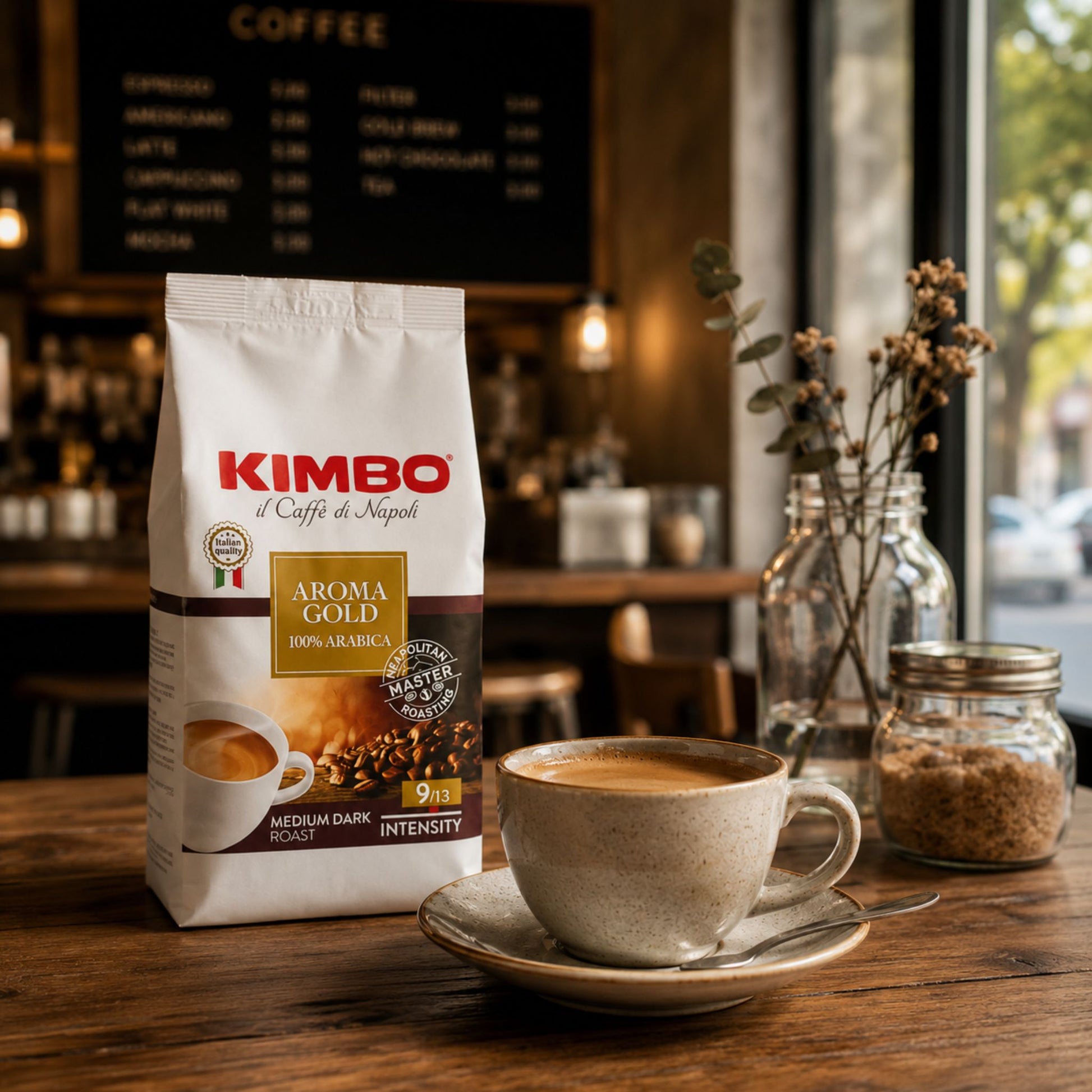 GardenState, Kimbo Aroma Gold 100% Arabica whole coffee beans, medium dark roast, premium Italian blend with floral aroma and rich flavor – ideal for cafés, offices, and hospitality use.