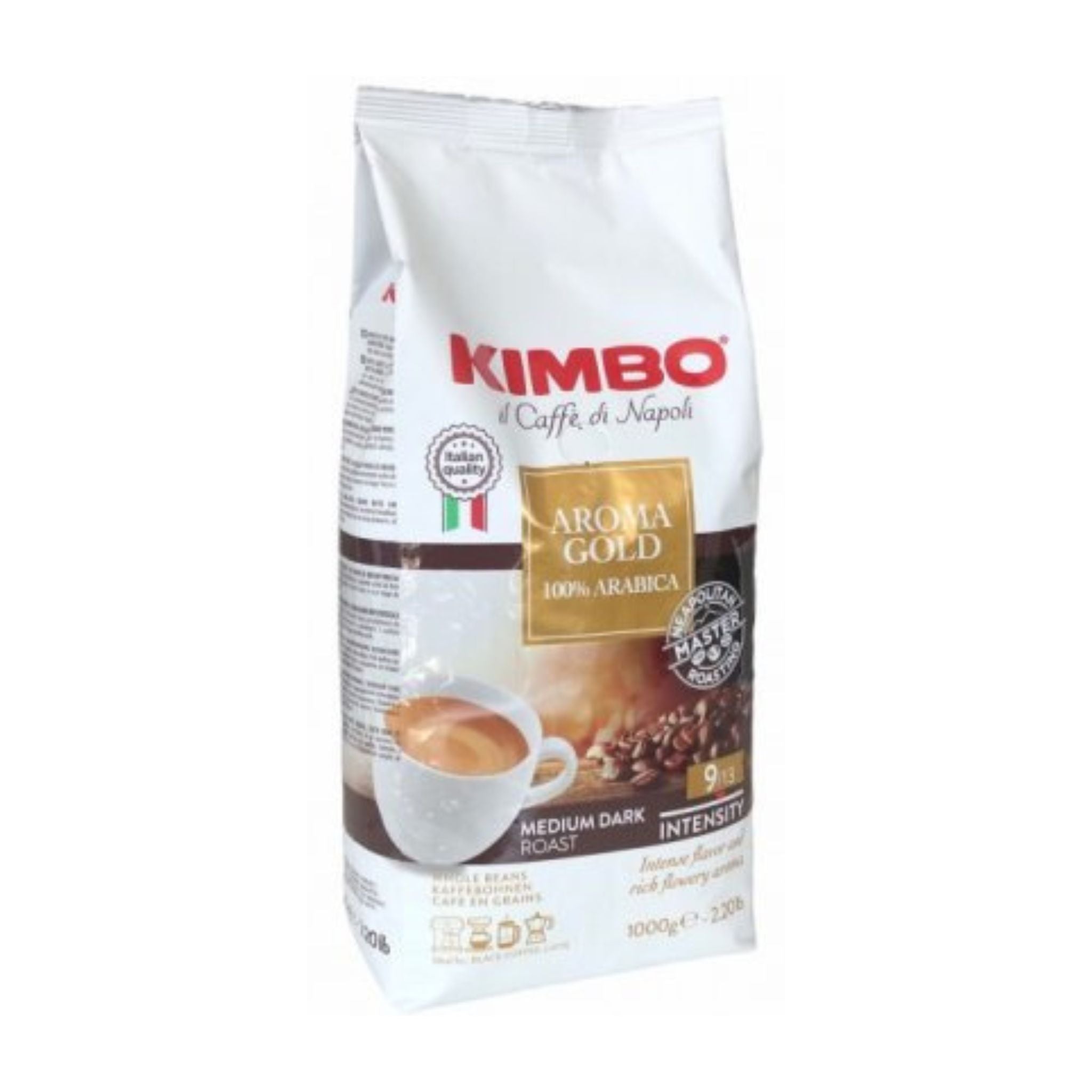 GardenState, Kimbo Aroma Gold 100% Arabica whole coffee beans, medium dark roast, premium Italian blend with floral aroma and rich flavor – ideal for cafés, offices, and hospitality use.