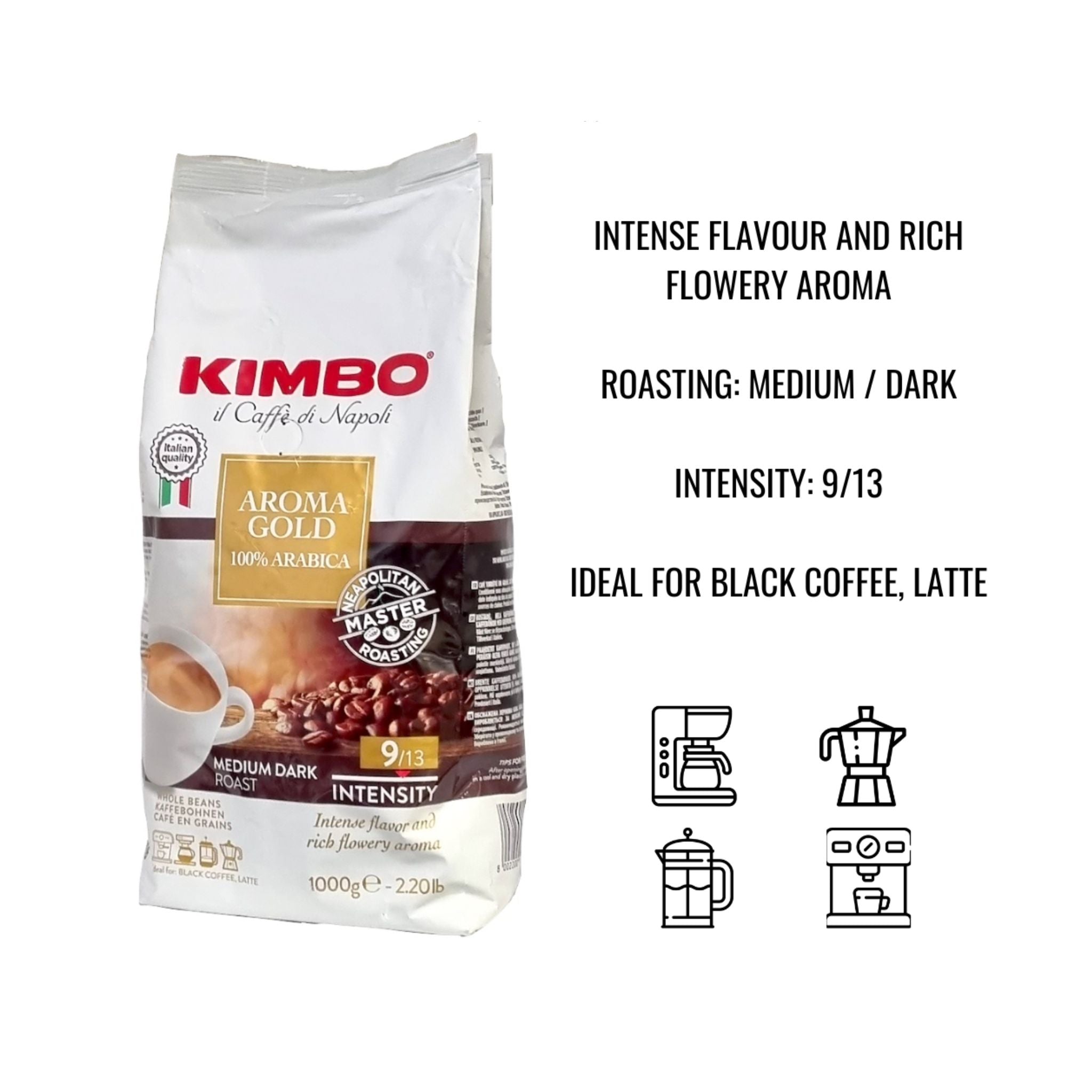 GardenState, Kimbo Aroma Gold 100% Arabica whole coffee beans, medium dark roast, premium Italian blend with floral aroma and rich flavor – ideal for cafés, offices, and hospitality use.