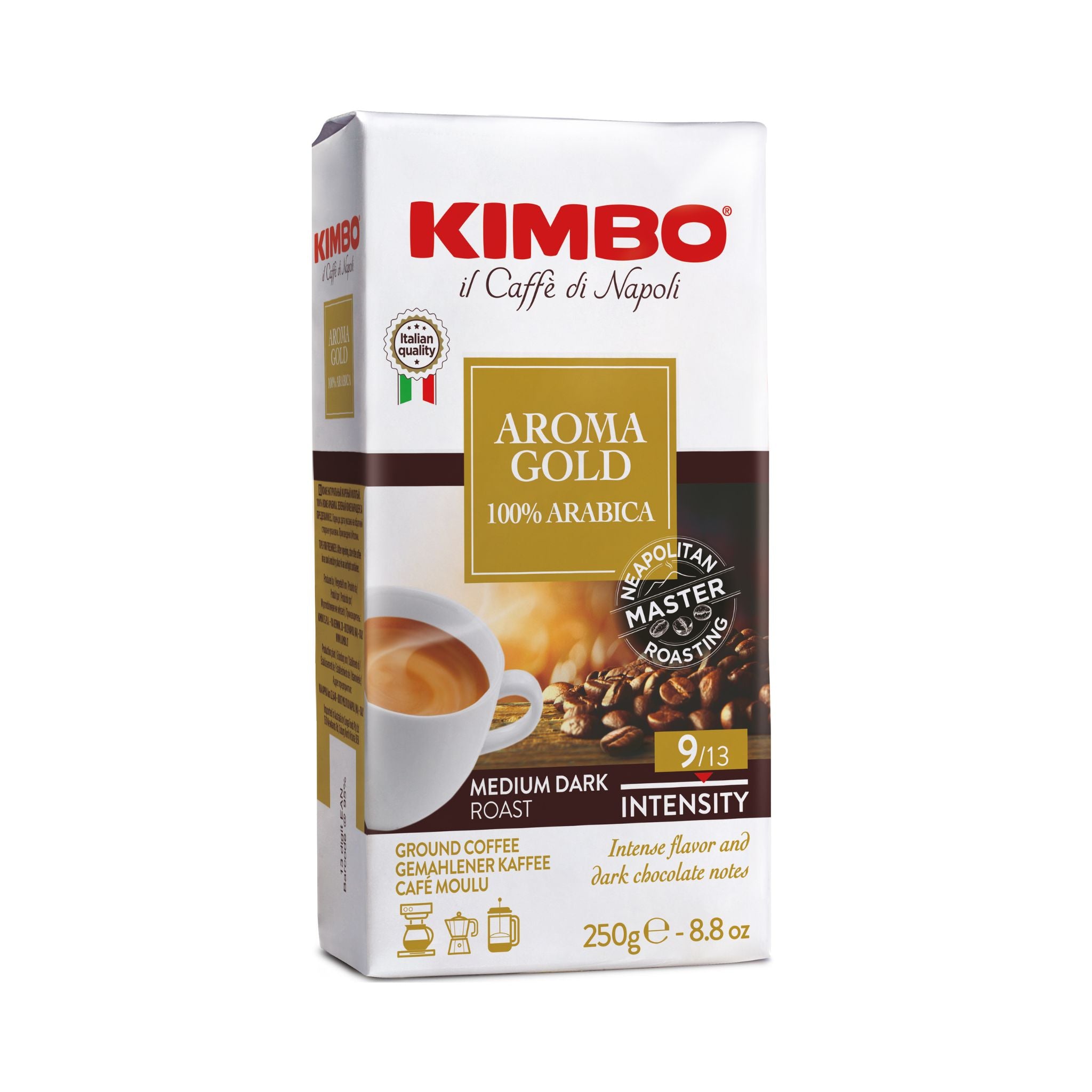 GardenState, Kimbo Aroma Gold 100% Arabica Ground Coffee 250g pack, medium dark roast 9/13 intensity, Italian coffee suitable for espresso, moka pot, and filter brewing.