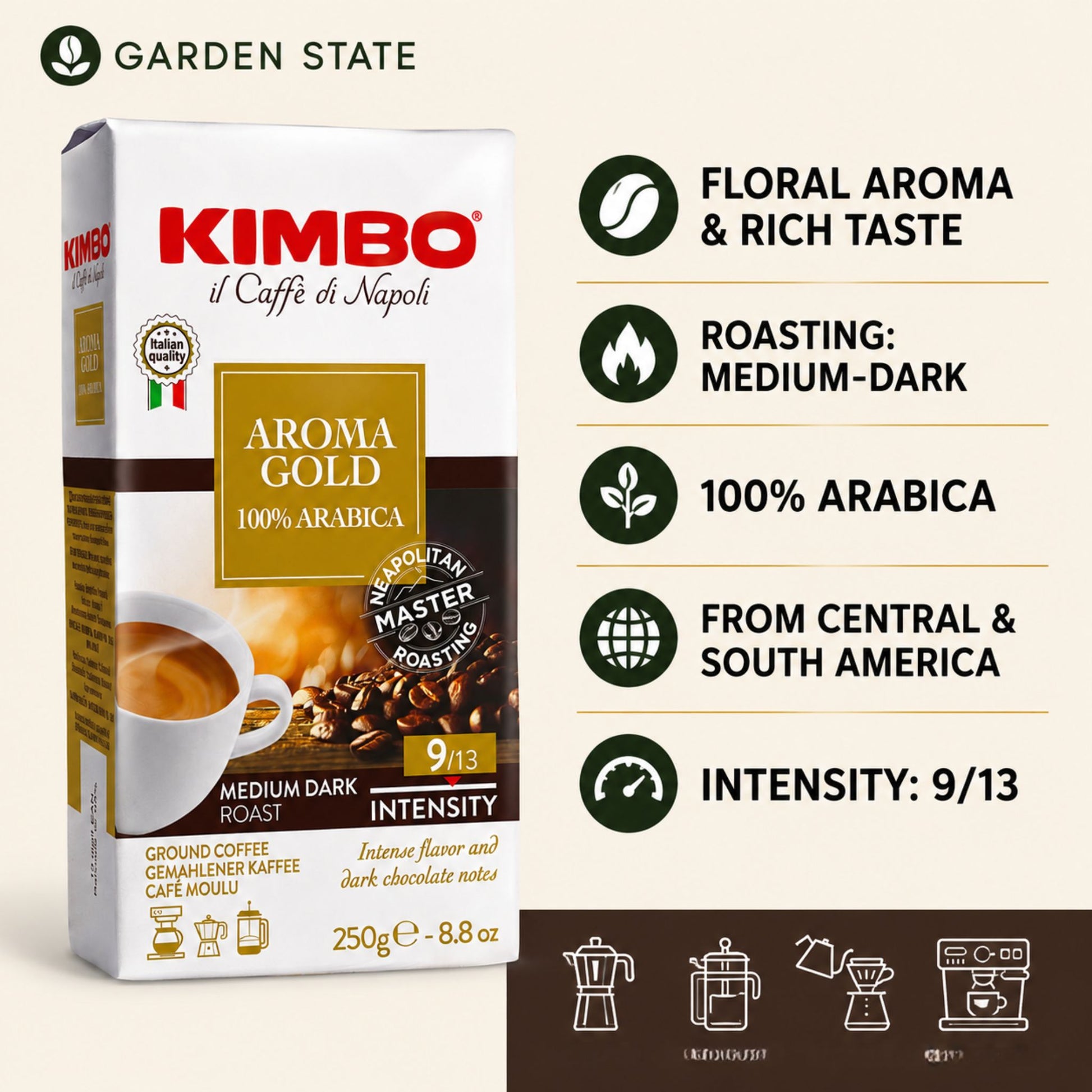 GardenState, Kimbo Aroma Gold 100% Arabica Ground Coffee 250g pack, medium dark roast 9/13 intensity, Italian coffee perfect for vessels, ship chandlers and maritme industry.