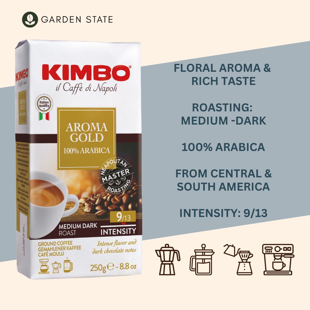 GardenState, Kimbo Aroma Gold 100% Arabica Ground Coffee 250g pack, medium dark roast 9/13 intensity, Italian coffee suitable for espresso, moka pot, and filter brewing.