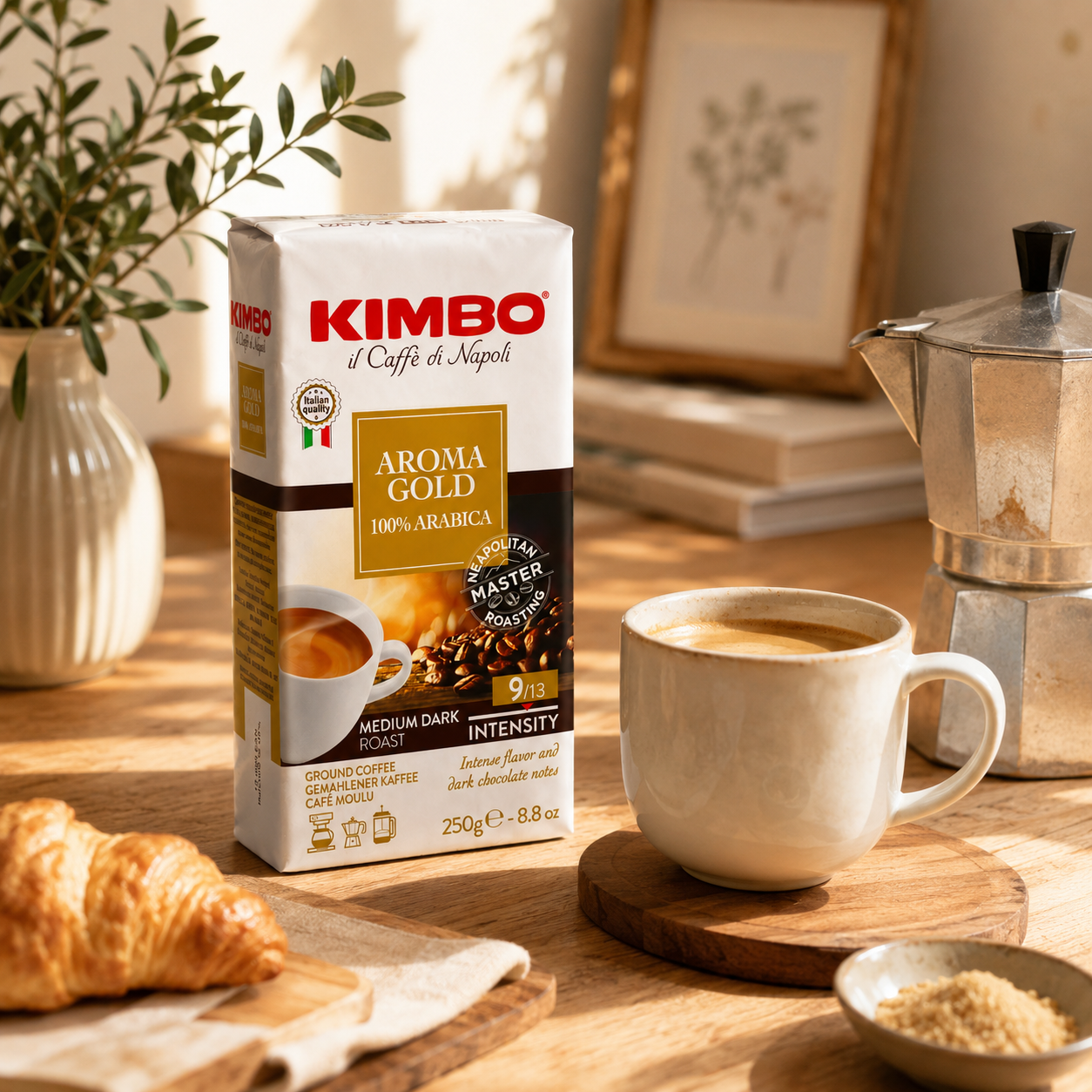 GardenState, Kimbo Aroma Gold 100% Arabica Ground Coffee 250g pack, medium dark roast 9/13 intensity, Italian coffee perfect for vessels, ship chandlers and maritme industry.
