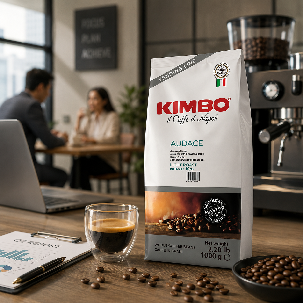 GardenState, Kimbo Espresso Audace 1kg coffee beans – light roast, rich aroma, and bold flavour. Ideal for B2B coffee machines, cafés, and professional espresso setups.