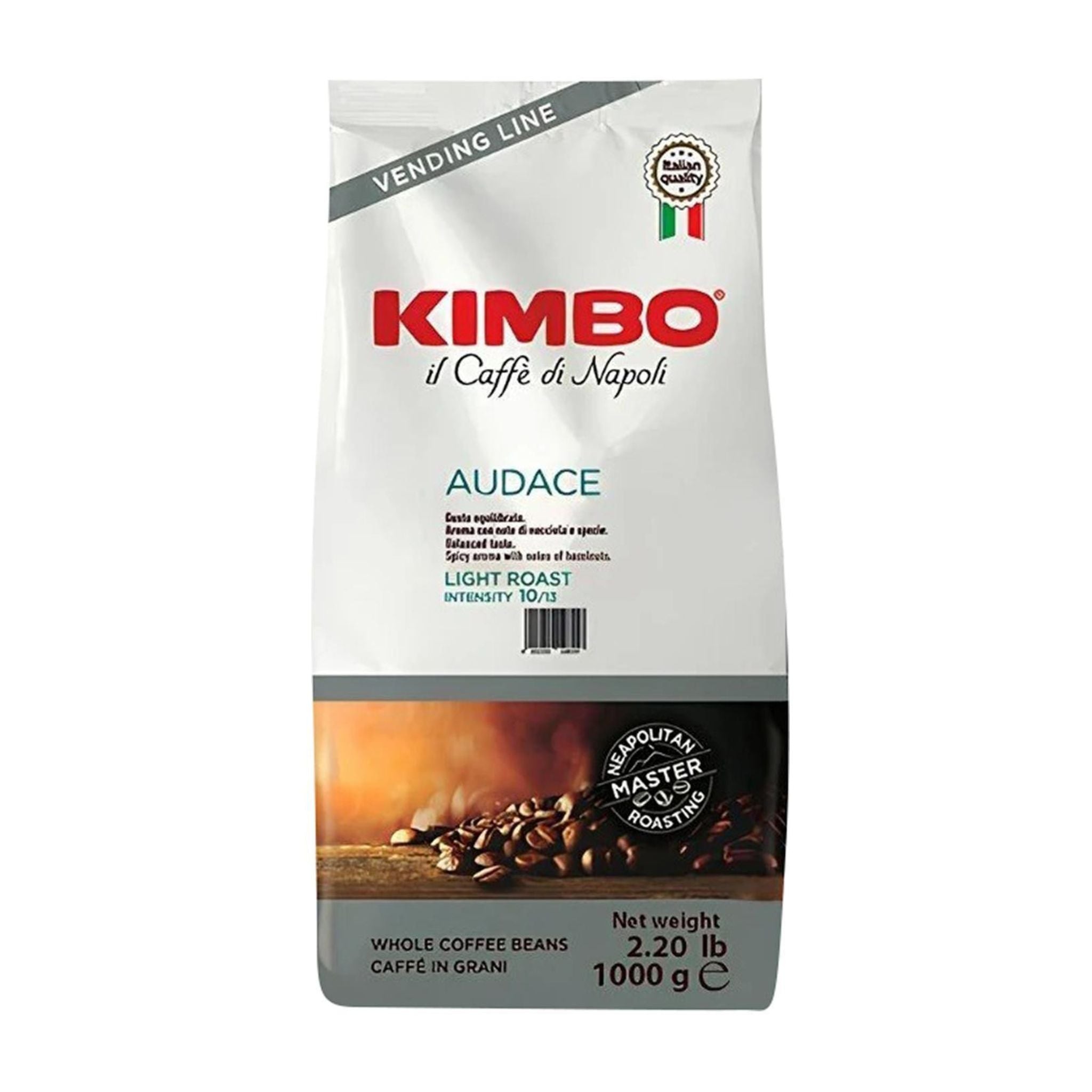 GardenState, Kimbo Espresso Audace 1kg coffee beans – light roast, high 10/13 intensity, rich aroma, and bold flavour. Ideal for B2B coffee machines, cafés, and professional espresso setups.