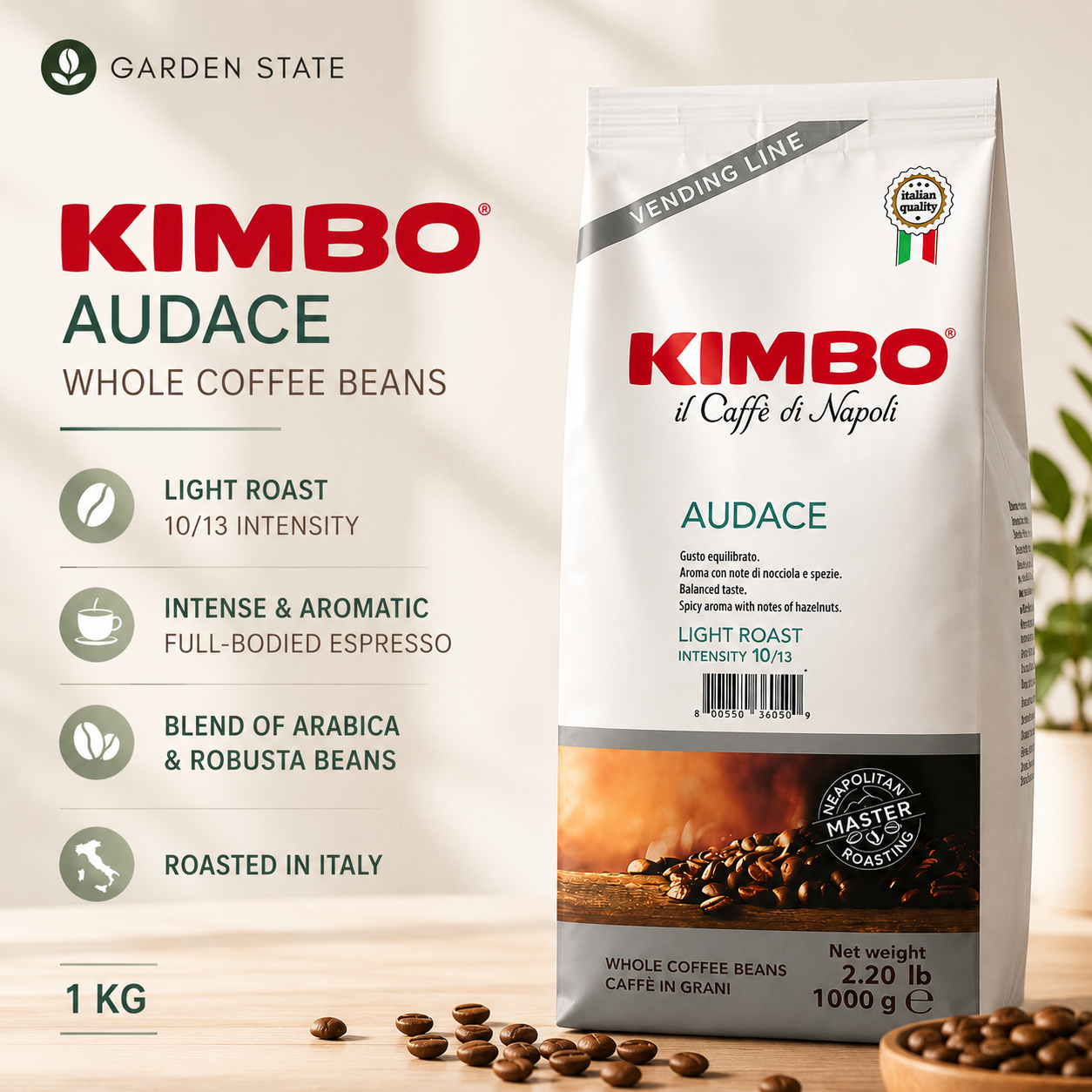 GardenState, Kimbo Espresso Audace 1kg coffee beans – light roast, high 10/13 intensity, rich aroma, and bold flavour. Ideal for B2B coffee machines, cafés, and professional espresso setups.