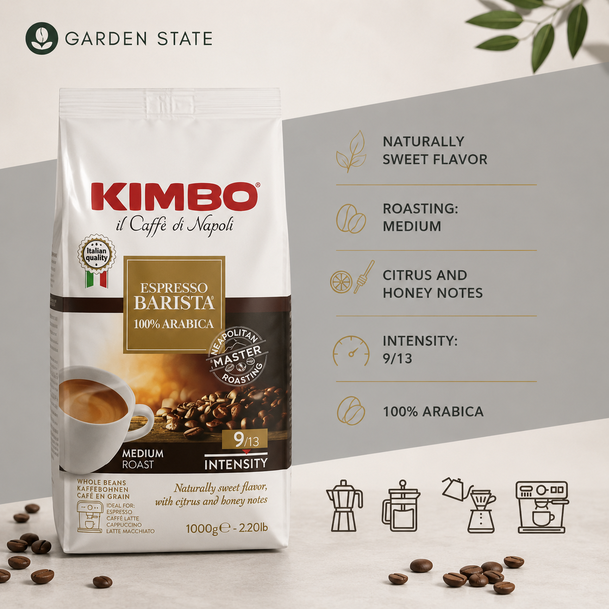 gardenstate Kimbo Espresso Barista 100% Arabica Coffee Beans 1kg, premium Italian coffee beans for bean to cup machines, office pantry coffee, hotel breakfast service, specialty cafes, restaurants and hospitality supply Singapore.