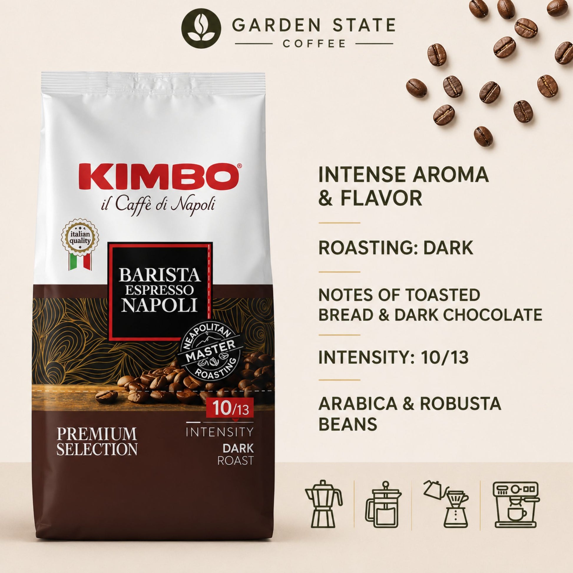 GardenState, Kimbo Barista Espresso Napoli 1kg whole coffee beans – dark roast with bold aroma, toasted notes, and full body. Perfect for B2B coffee service in cafés, hotels, or offices.