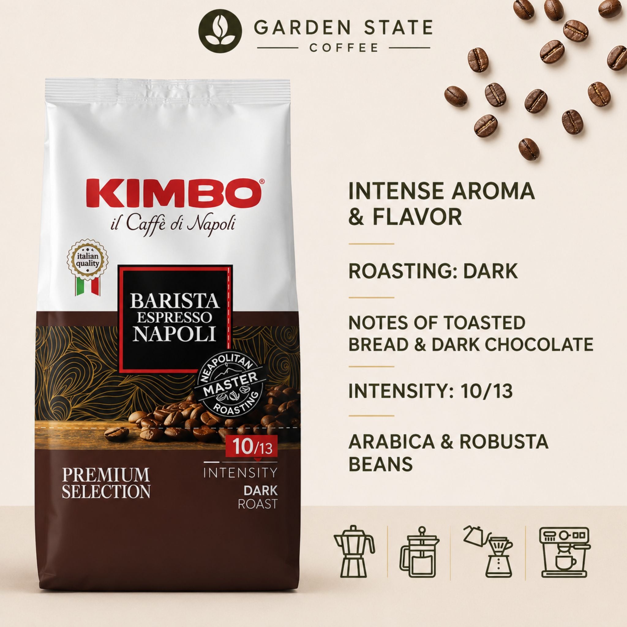 GardenState, Kimbo Barista Espresso Napoli 1kg whole coffee beans – dark roast with bold aroma, toasted notes, and full body. Perfect for B2B coffee service in cafés, hotels, or offices.