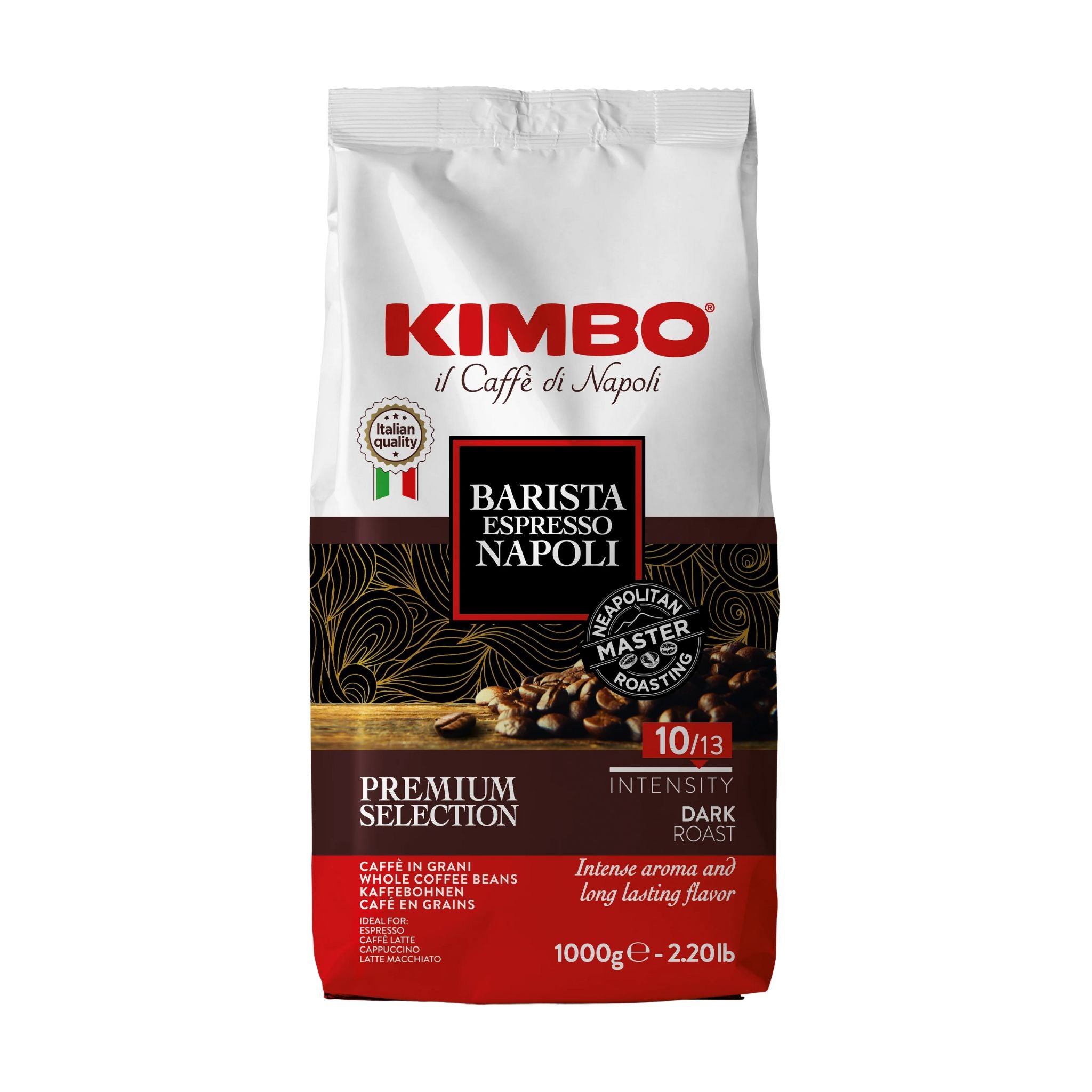 GardenState, Kimbo Napoletano 1kg whole coffee beans – dark roast with bold aroma, toasted notes, and full body. Perfect for B2B coffee service in cafés, hotels, or offices.