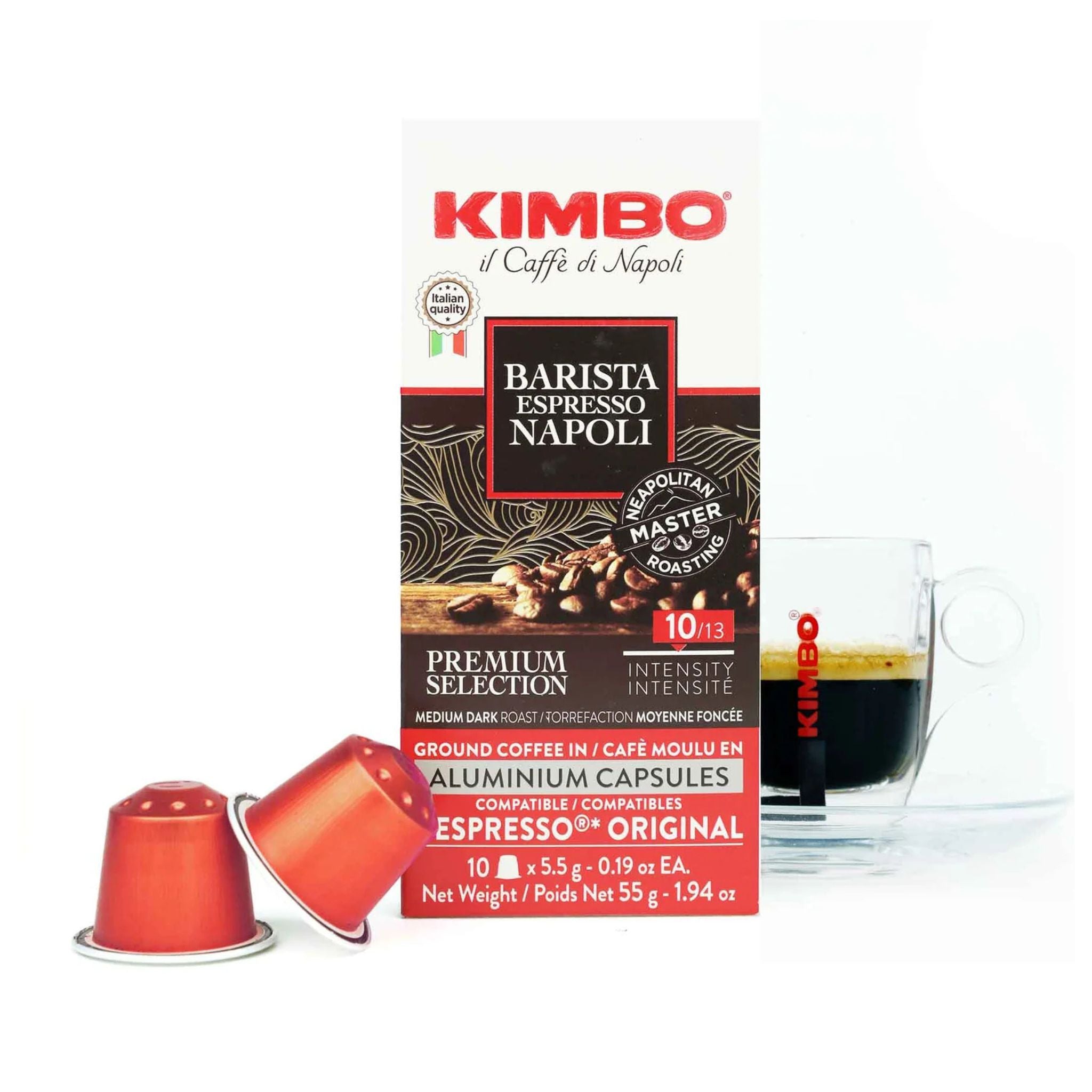 GardenState, Kimbo Napoli espresso capsules for Nespresso®, 100% Arabica, medium roast 10/13, floral aroma, almond and cocoa notes—ideal for professional use in cafes and offices.