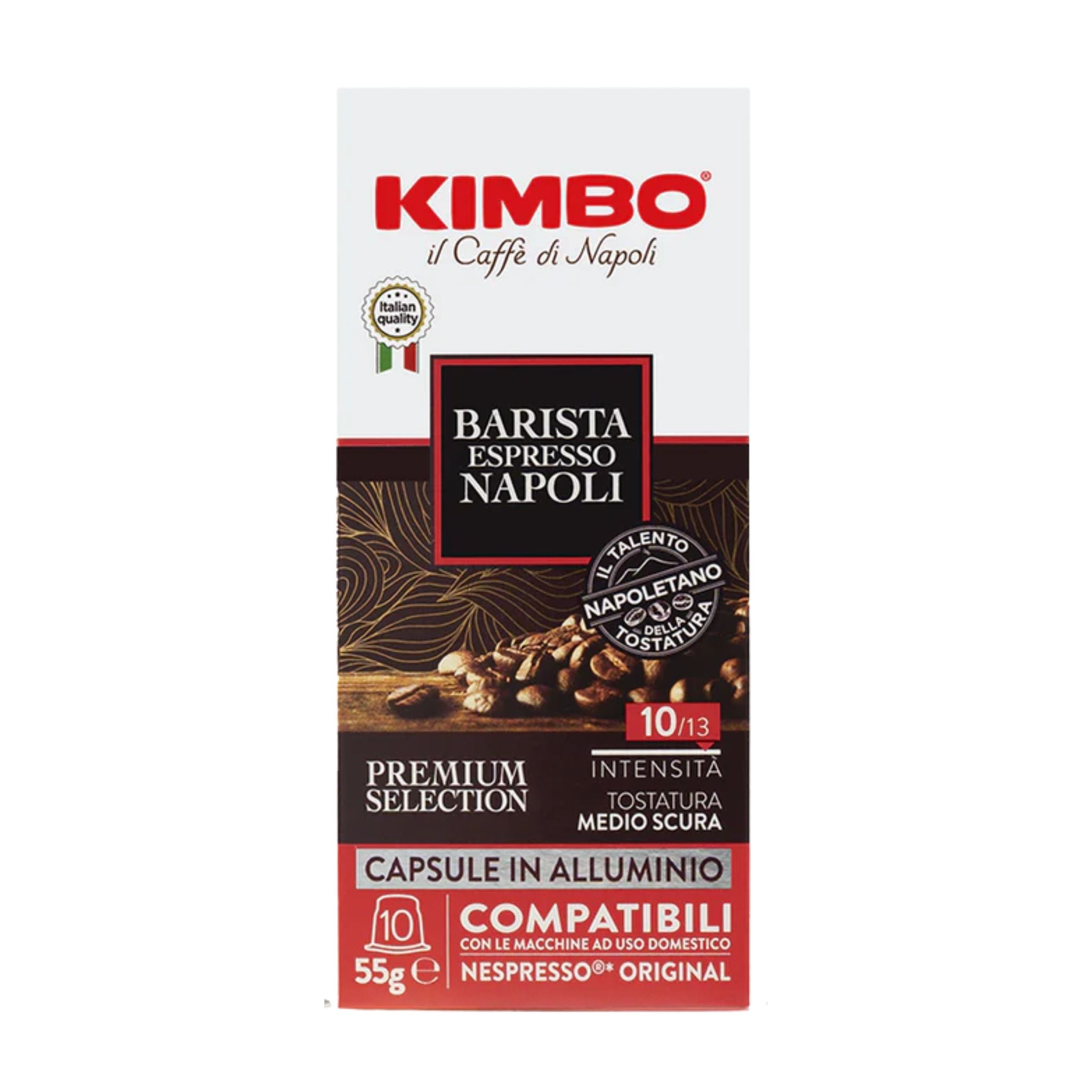 GardenState, Kimbo Napoli espresso capsules for Nespresso®, 100% Arabica, medium roast 10/13, floral aroma, almond and cocoa notes—ideal for professional use in cafes and offices.